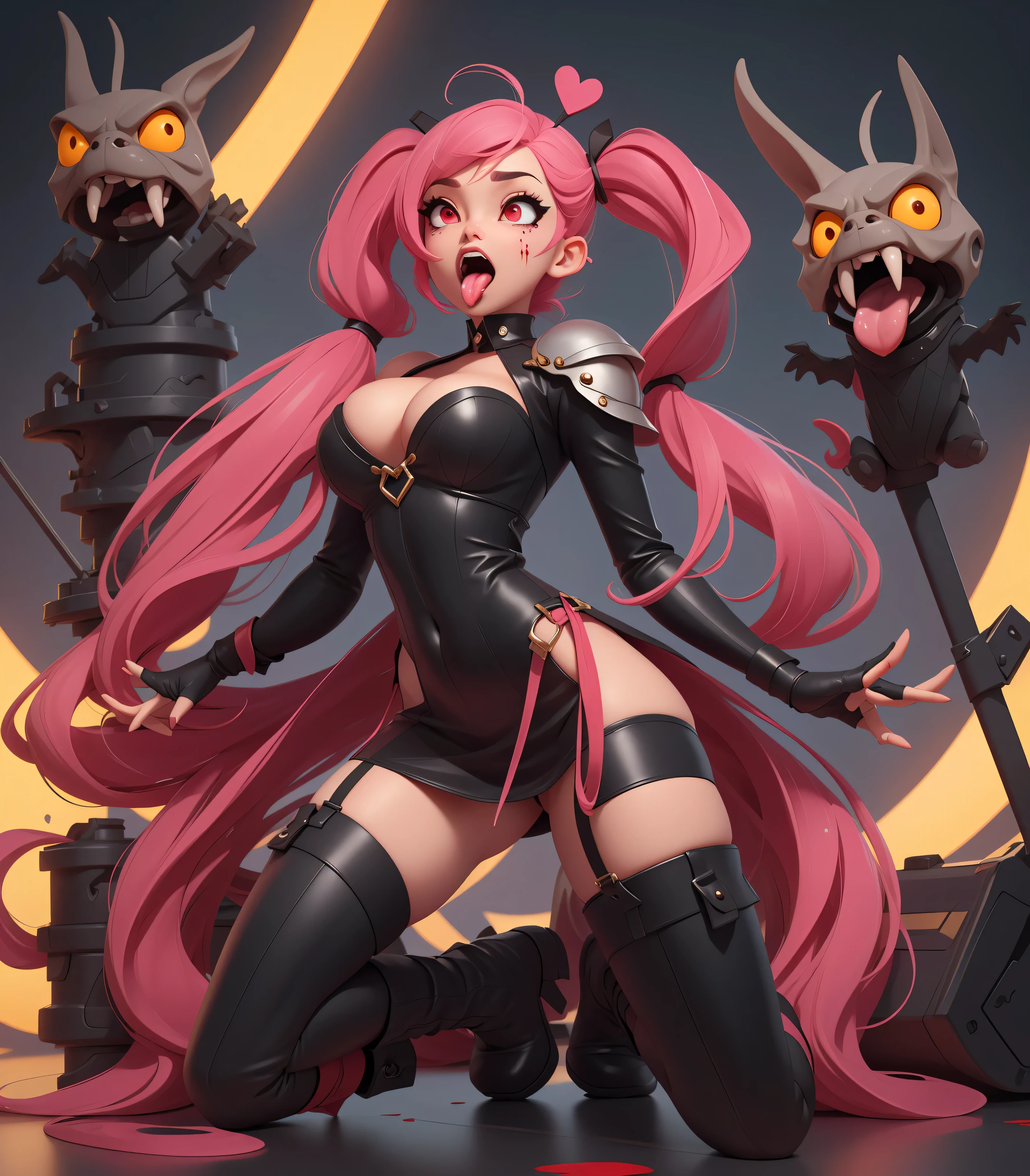 (((masterpiece、top-quality、hight resolution)))、
Original outfit, military outfits, ((1girl in)), long pink hair, pigtails, black sexy armour, cute face, perfect long legs, (standing), full body, black leather boots, stockings, cleavage, stockings, on a battleship, red eyes, blood on face, cute face, sinister look, (ahegao, tongue out, long tongue, open mouth)