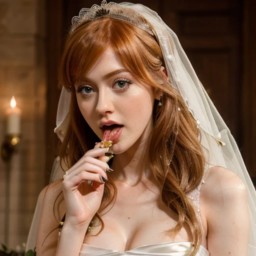 ((Katherine McNamara in a wedding dress)), ahegao, horny, red lipstick, pleased, moaning, skinny body, red hair, wet hair, large breasts, large ass, flat belly, narrow waist, (cum all over), covered in cum, wet hair, ((throat bulge)),tentacle squeeze breast, sodium light, horror, hyper detailed, 8K, masterpiece, Eldritch abomination, (bride of Cthulhu), church of Cthulhu, torture chamber, ((slugs on the floor and crawling up her body and mouth)), (white thong), ((gates of Cthulhu open))