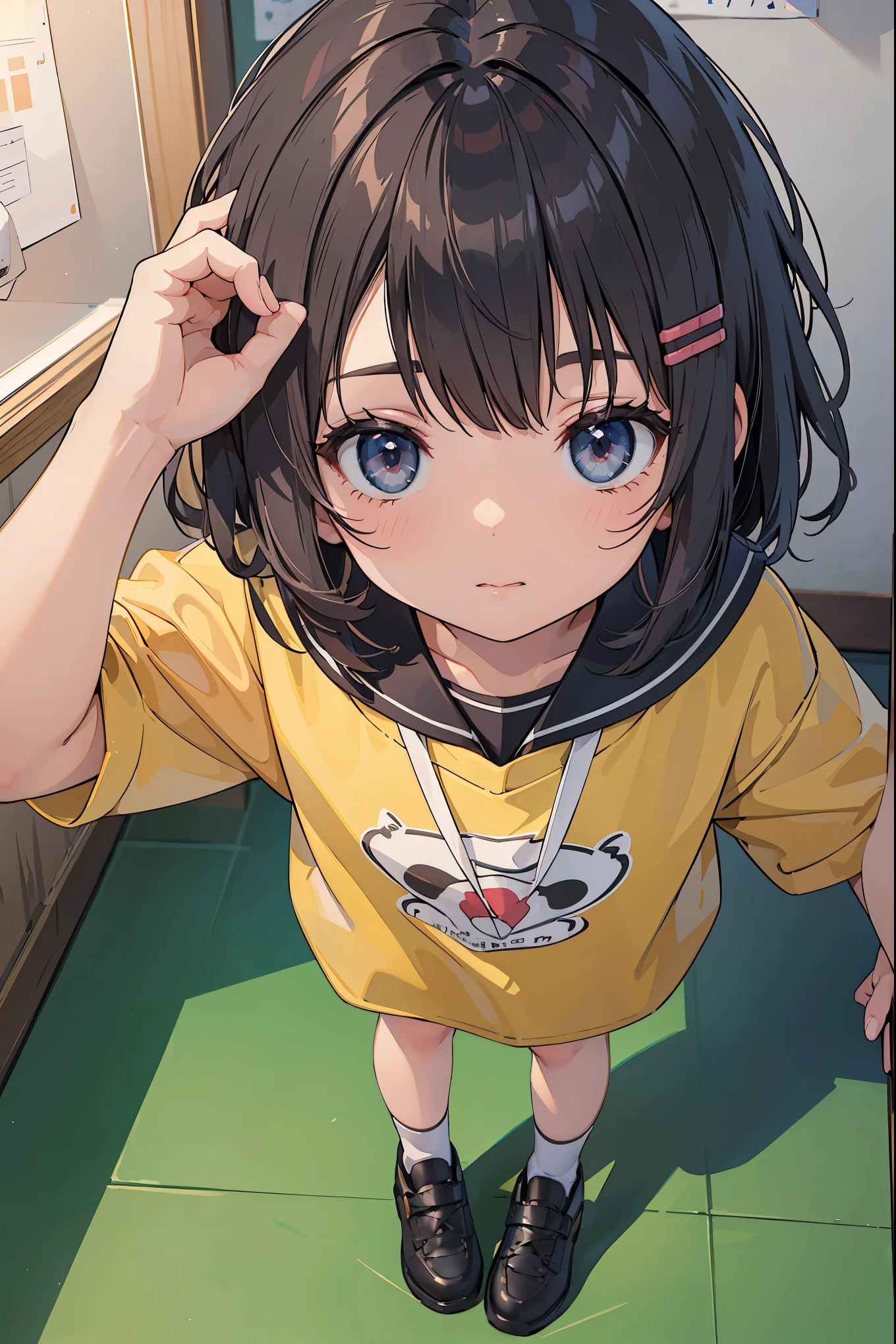 (a masterpiece, highest quality, absolute resolution, extremely realistic work, intricate and meticulously detailed realistic materials and textures and light sources, perfect anatomy),
BREAK
A toddler walking in a kindergarten, small and cute, a cute face pleading with courage, a hair clip, a person looking up from above,
BREAK