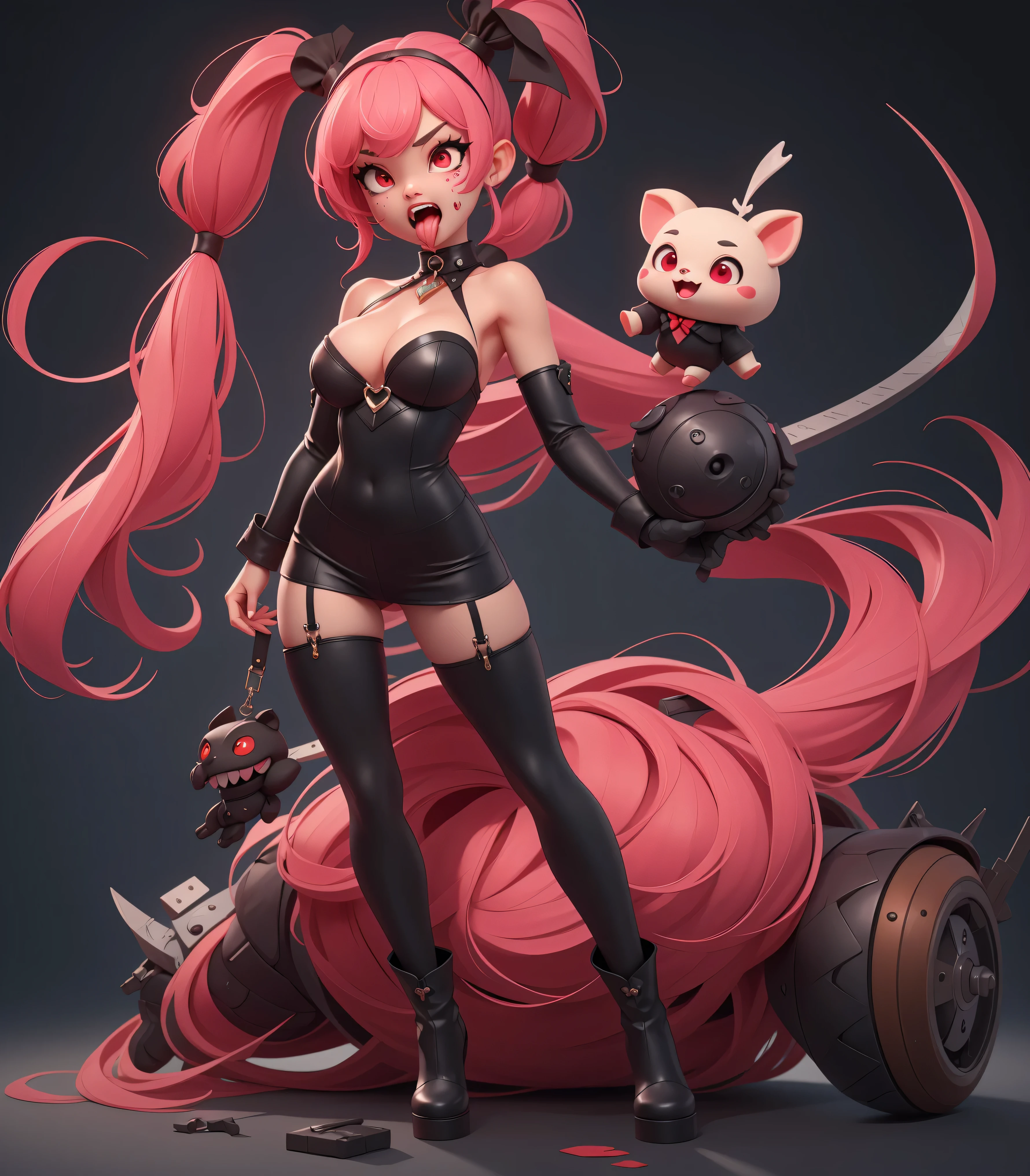(((masterpiece、top-quality、hight resolution)))、
Original outfit, military outfits, ((1girl in)), long pink hair, pigtails, black sexy armour, cute face, perfect long legs, (standing), full body, black leather boots, stockings, cleavage, stockings, on a battleship, red eyes, blood on face, cute face, sinister look, (ahegao, tongue out, long tongue, open mouth)
