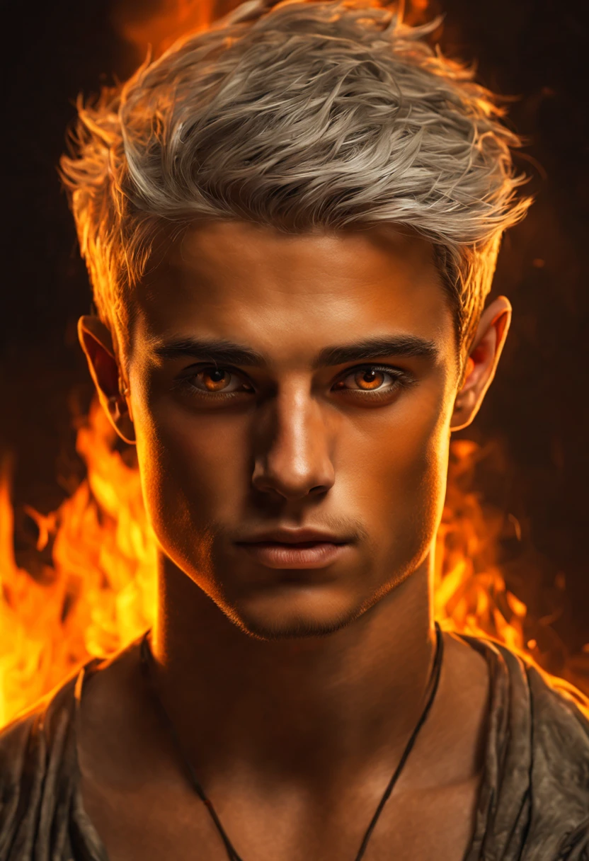 (best quality,4k,8k,highres,masterpiece:1.2),ultra-detailed,realistic,photorealistic:1.37,young guy,youthful appearance,18 years old,light gray hair,short haircut,yellow eyes,piercing gaze,standing on fire,fiery backdrop,fantasy realm, intense lighting, vibrant colors,character concept,impressive details,golden flames,dramatic atmosphere,subtle smoke effects,special effects,artistic blend,unique interpretation,captivating,visual storytelling,striking contrast,bold composition,emotional depth,realistic skin texture,expressive facial features,defiant expression,powerful presence,enigmatic aura,mysterious vibe