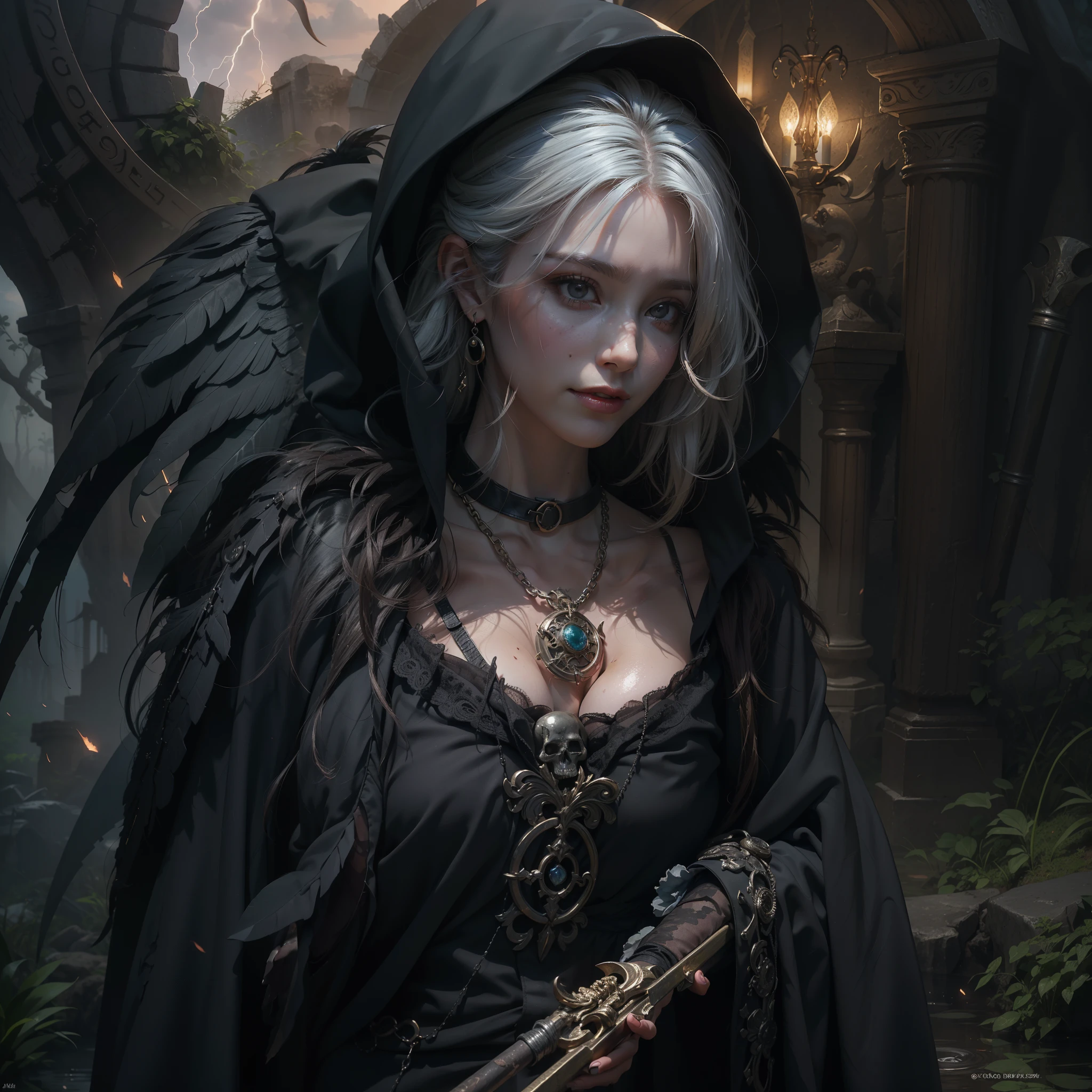 (Numerous award-winning masterpieces, with incredible detail, textures and maximum detail), (hyper realistic:1.4), (realistic:1.3), (best quality real texture skin), (finely detailed true circle eyes), (finely Detailed and beautiful face:1.6), ((medieval world)), (grim reaper:1.4), (icy look in the eye), (she has a nasty smile on her face but her eyes aren't smiling:1.3), (It has a soul-reaping scythe in its hand:1.5), (Eyes that glow red in the dark), (Dramatic Light), (A majestic sight), Her countenance is gentle and beautiful, but somehow terrifying, (Large wings with ragged black feathers behind shoulders:1.3), (Wears a dark black hooded robe with intricate patterns:1.2), (A sack containing reaped souls with a faint glow:1.3), Folded wings, Earrings with a skull pattern, (Followed by a skeleton knight behind:1.1), (((dramatic photo))), (twilight), (sunset), (dusk), ((dramatic pose)), (flamboyant photo), (golden hair), (silver hair), (chestnut hair), ((looks up)), ((looking down)), (Around her neck is a simple necklace of exquisite workmanship), Forgotten Tomb Overgrown with Vegetation, Great Tomb, Underground Labyrinth, Evil Temple Ruins, Sacrificial Temple, Mysteriously, (Magic Circle of Ominous Shine:1.2), Ancient Castle Ruins, Deserted Graveyard Ruins, Crumbled Ancient Tomb, Stagnant Water Ancient Ruins, Swamp Ruins, wavelets, running water, Shining majestic cloud masses and sky, lightning bolt,