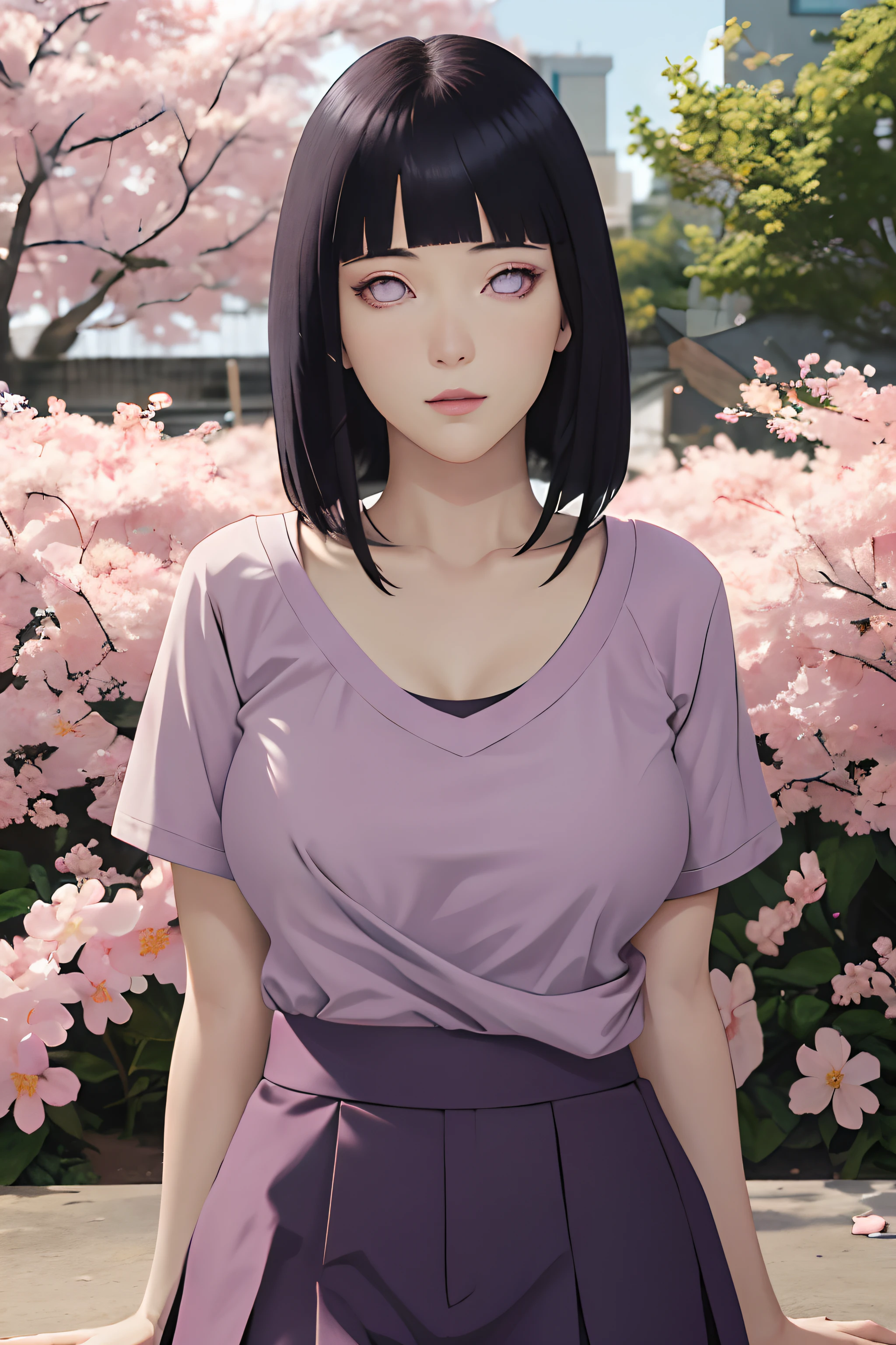 obra maestra, absurdos, Hinata\(boruto\), 1 chica, Solo,mujer madura, Camiseta V Cuello, Mini falda de cintura alta, mirando al espectador, (falling petals), perfect composition, detallado lips, pecho grande, Hermoso rostro, body proportion, rubor, (Labios rosados), pelo largo,  ojos morados,  mirada suave,  super realistic, detallado, Photoshoot, cara y cuerpo realistas, escote