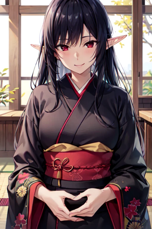 (masterpiece, best quality:1.1),1girl, mature female, elf, bangs, long hair, smile, closed mouth, black hair, red eyes, japanese clothes, kimono, black kimono, upper body
