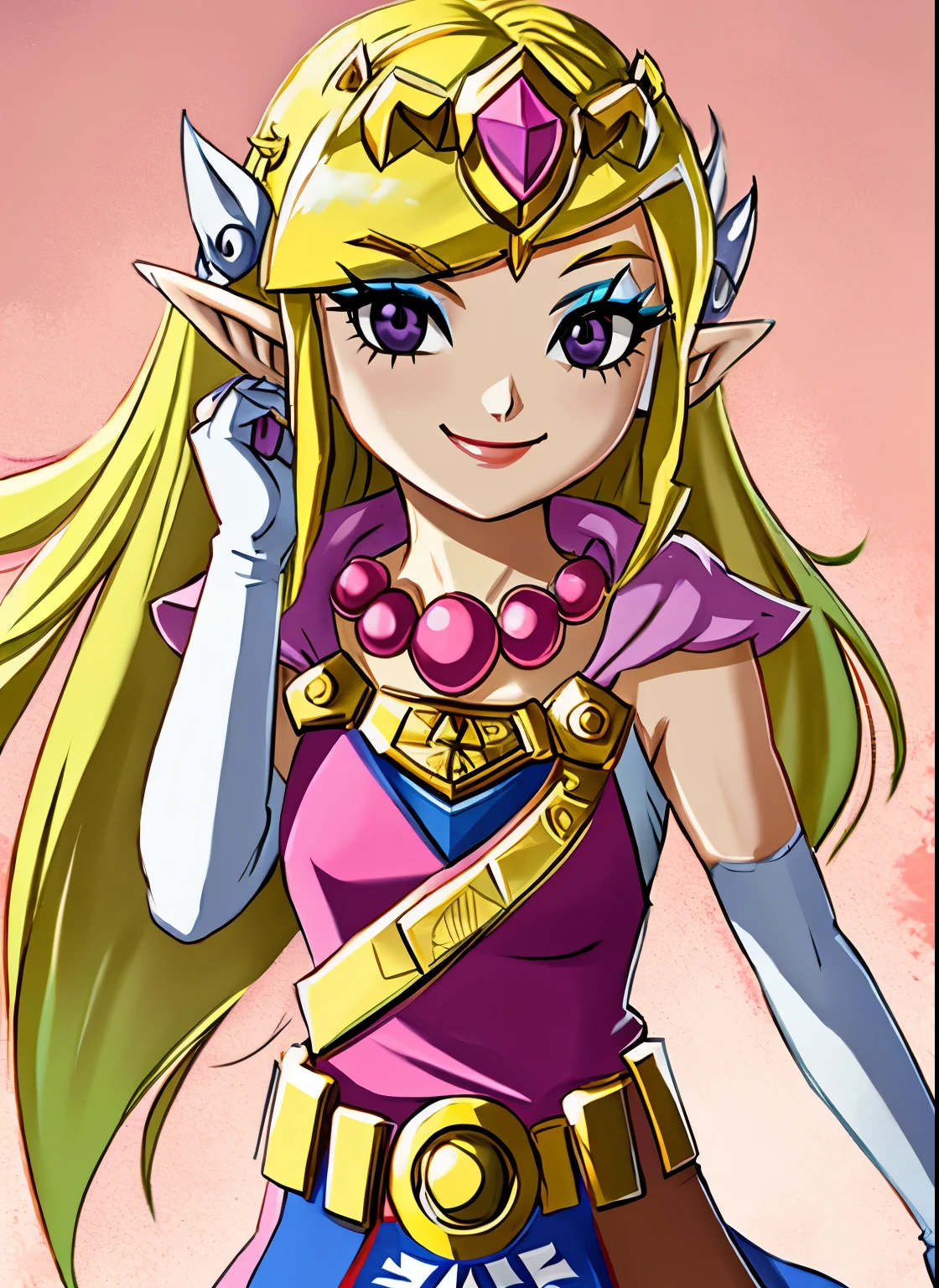 toon zelda, 1girl, solo, long hair, smile, blonde hair, gloves, dress, jewelry, pointy ears, elbow gloves, belt, necklace, black eyes, makeup, tiara, eyeshadow, adjusting elbow glove