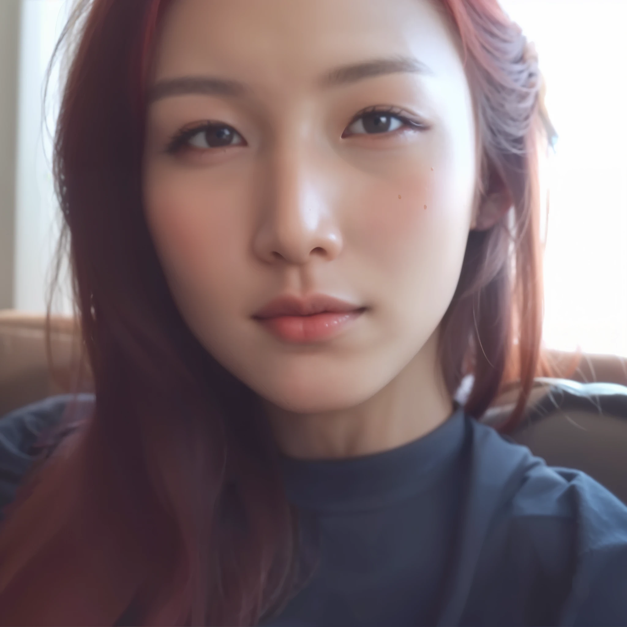 There's a woman with long red hair sitting on a couch, young lovely korean face, gorgeous young mulher coreana, young cute wan asian face, adorable and pale korean face, beautiful south mulher coreana, sem maquiagem, beautiful young mulher coreana, coreana, Korean facial features, com rosto redondo, ela tem um rosto fofo, asian face, mulher coreana, korean symmetrical face