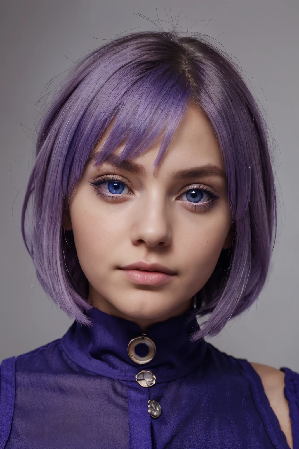 Woman's face, model appearance, cute face, 20 years, High quality, a lot of details, Blue eyes, big eyes, bob hair, light purple hair
