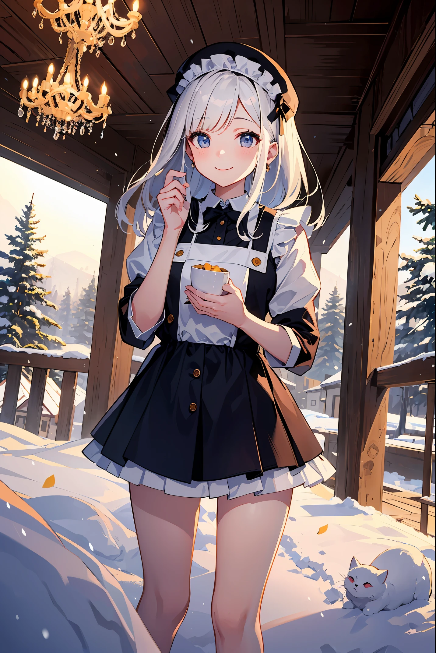 "In this cold weather design, a cute girl in heavy clothing is smiling in the snow. The background is snowy pine trees and old-fashioned houses, creating a warm winter atmosphere."(best quality: 1.2), (solo: 1.3), (1 girl,: 1.3), panic, maid clothes, luxurious palace, chandelier