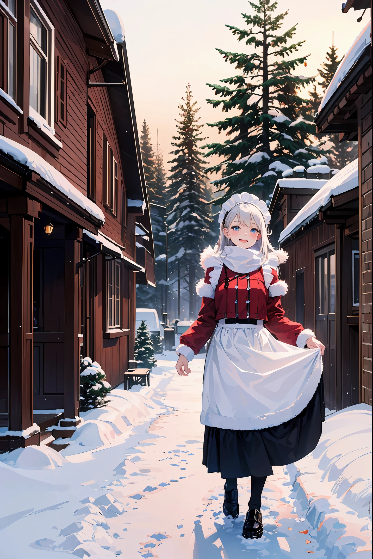"In this cold weather design, a cute girl in heavy clothing is smiling in the snow. The background is snowy pine trees and old-fashioned houses, creating a warm winter atmosphere."(best quality: 1.2), (solo: 1.3), (1 girl,: 1.3), panic, maid clothes, luxurious palace, chandelier