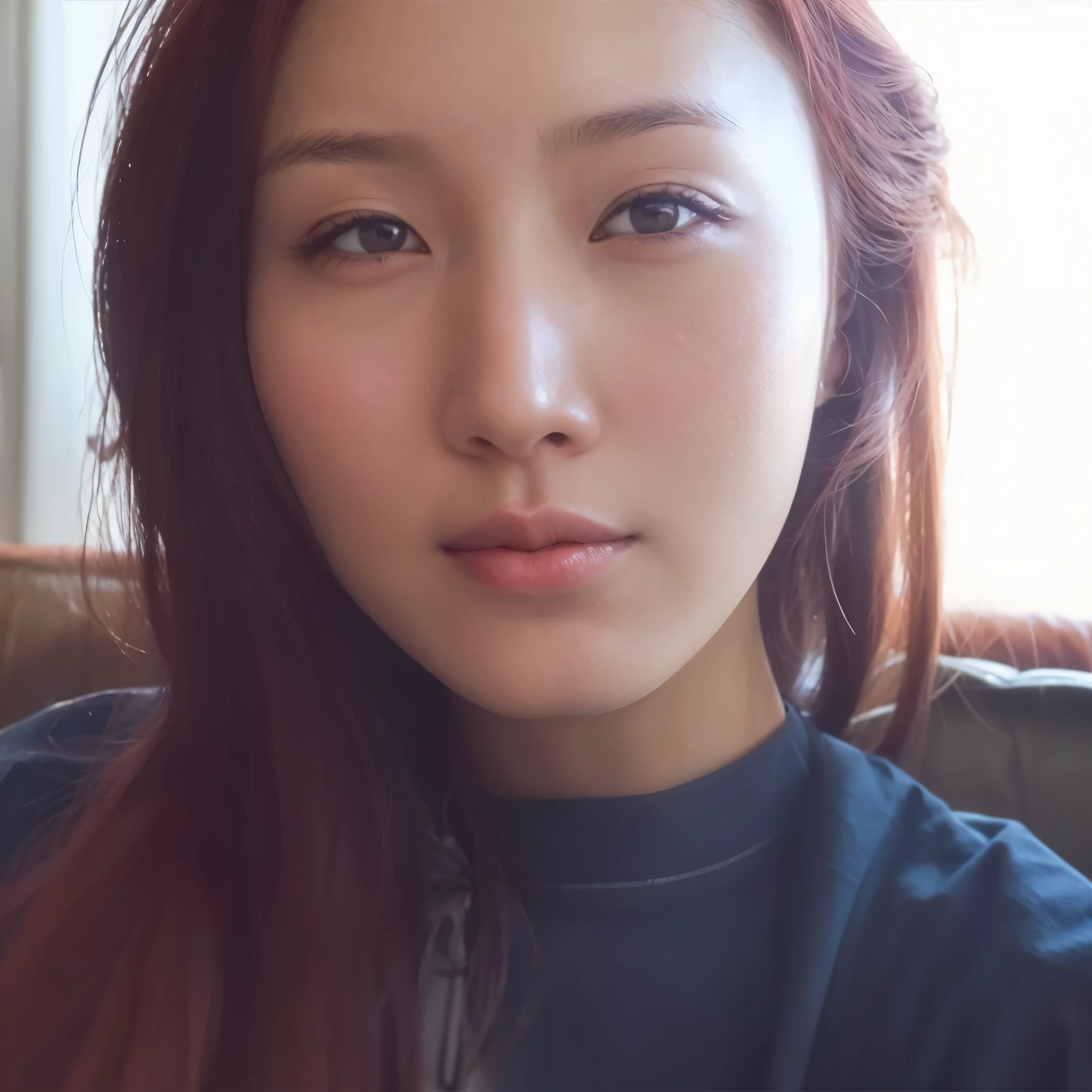 There's a woman with long red hair sitting on a couch, young lovely korean face, gorgeous young mulher coreana, young cute wan asian face, adorable and pale korean face, beautiful south mulher coreana, sem maquiagem, beautiful young mulher coreana, Menina coreana, Korean facial features, com rosto redondo, ela tem um rosto fofo, asian face, mulher coreana, korean symmetrical face