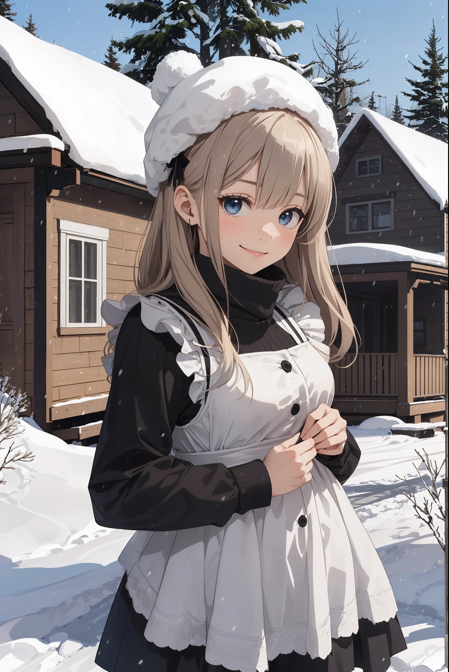 "In this cold weather design, a cute girl in heavy clothing is smiling in the snow. The background is snowy pine trees and old-fashioned houses, creating a warm winter atmosphere."(best quality: 1.2), (solo: 1.3), (1 girl,: 1.3), panic, maid clothes, luxurious palace, chandelier