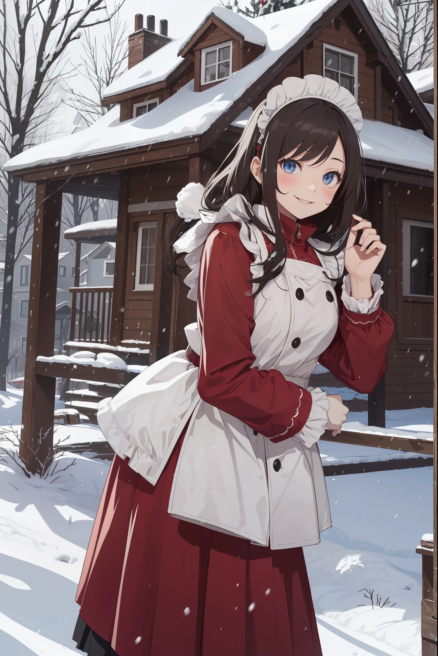 "In this cold weather design, a cute girl in heavy clothing is smiling in the snow. The background is snowy pine trees and old-fashioned houses, creating a warm winter atmosphere."(best quality: 1.2), (solo: 1.3), (1 girl,: 1.3), panic, maid clothes, luxurious palace, chandelier