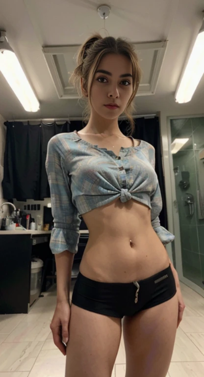 22-year-old girl, Large Breasts,Open white chiffon top, (Camera front), Detailed European faces, (Longing expression), (((Steampunk style close up))), ((Steampunk city background)), Raw, Analog style, Ultra-detailed photos, light, Art Station, 4K, Clear focus, high resolution, Delicate skin, Wearing denim shorts,panties