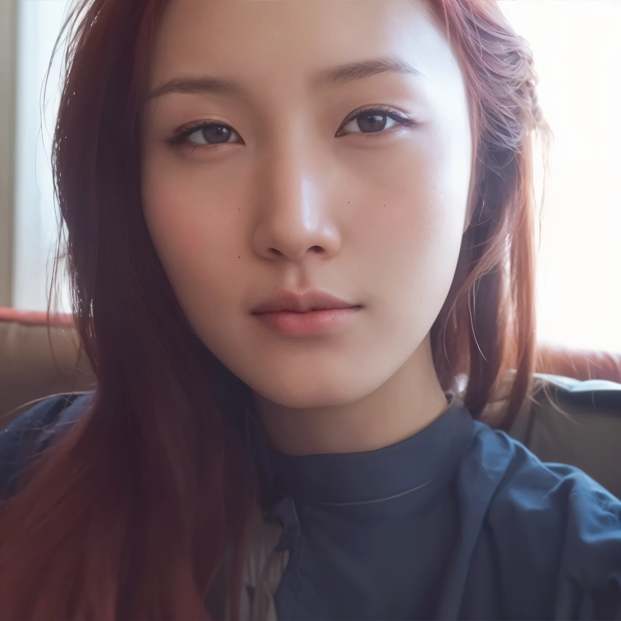 There's a woman with long red hair sitting on a couch, young lovely korean face, gorgeous young mulher coreana, young cute wan asian face, adorable and pale korean face, beautiful south mulher coreana, sem maquiagem, beautiful young mulher coreana, coreana, Korean facial features, com rosto redondo, ela tem um rosto fofo, asian face, mulher coreana, korean symmetrical face