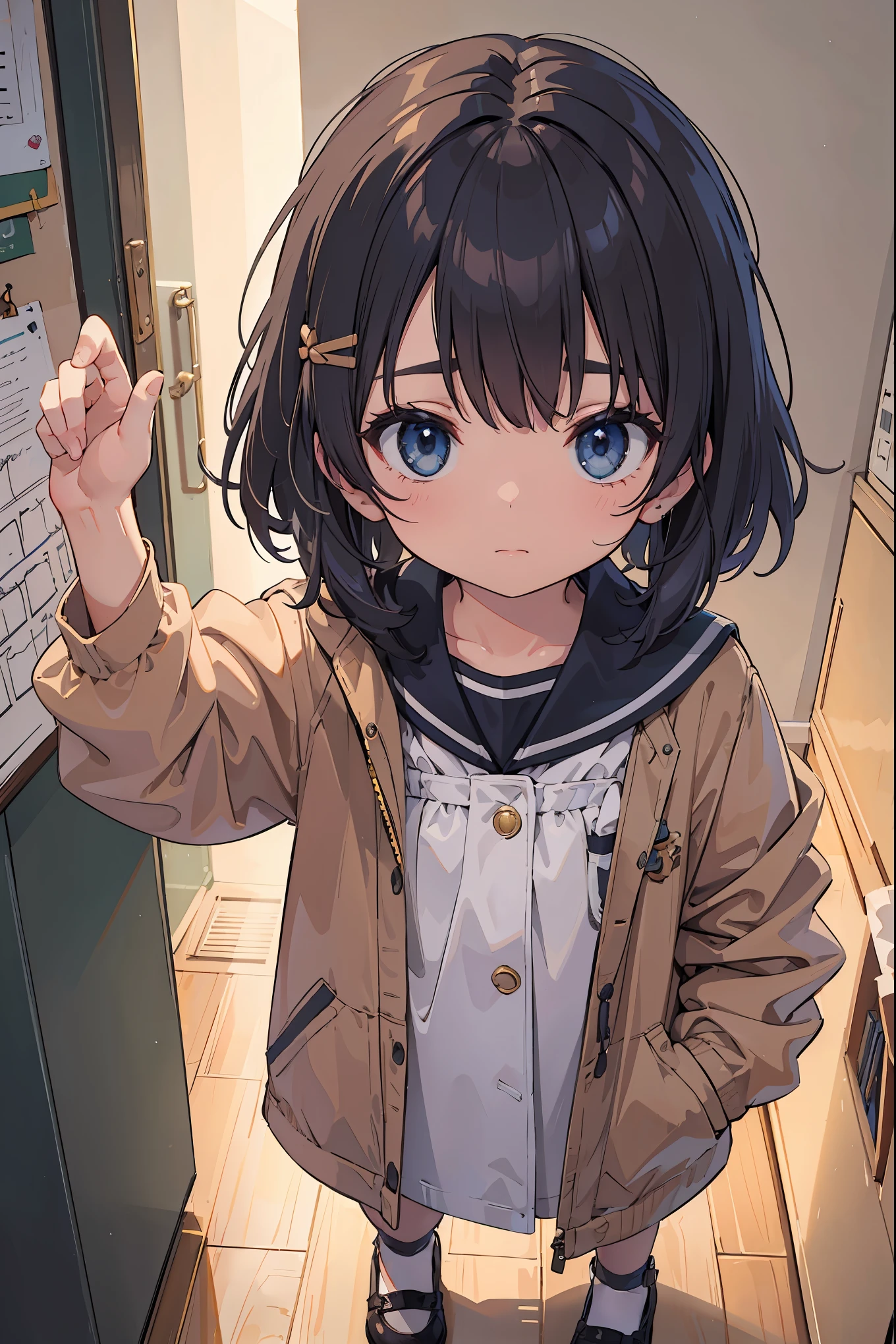(a masterpiece, highest quality, absolute resolution, extremely realistic work, intricate and meticulously detailed realistic materials and textures and light sources, perfect anatomy),
BREAK
A toddler walking in a kindergarten, small and cute, a cute face pleading with courage, a hair clip, a person looking up from above,
BREAK
