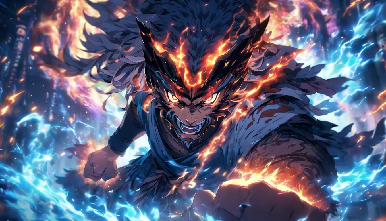 Old anime style, artbook, comicbook, RPG, futuristic tribal, tribalpunk. Magical beast man, wearing glowing magical tribal armor, stone skin with carved magic marks, dynamic pose, full body, face with glowing magical tribal tattoos with warm tones, beast features, beast tail, beast fur on ears, glowing eyes , using a magical long spear with glowing magical markings. A magical village in a kingdom of an ancient civilization with mystique, with buildings with neon details, with magical vegetation mixed in with the huts. Wide scenery, cinematic scene with several layers of depth, dynamics, magical lighting.