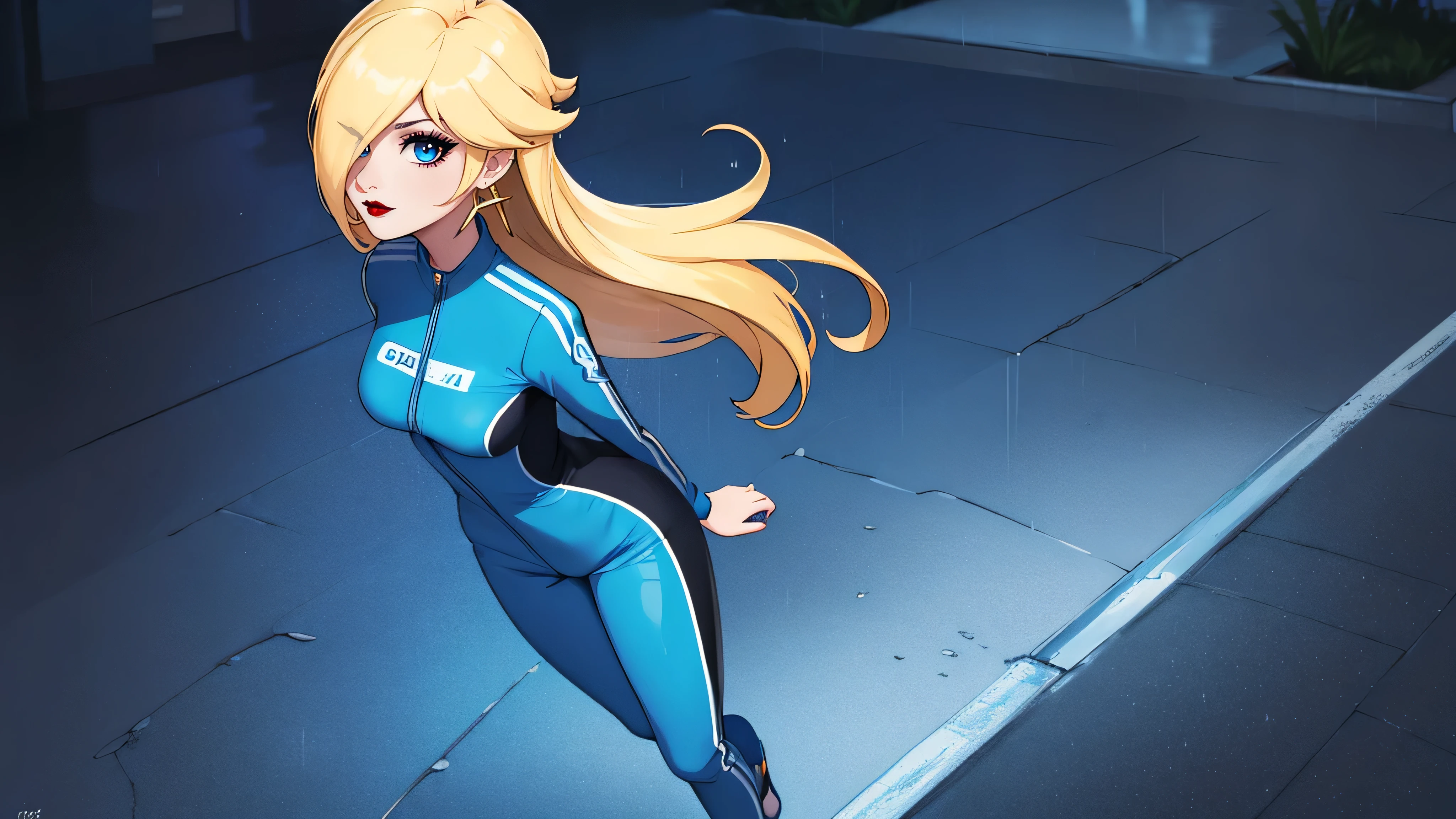 ((high detailed, best quality, 4k, masterpiece, hd:1.3)), BREAK rainy night, moonlight, landscape, it's raining, raining, a full-length shot of Rosalina standing posing under the rain, BREAK neon blue eyes, seductive, attractive, sexy smile, smiling, smooth anime cg art, 36C breasts, (long fitness legs), vivid colors, detailed digital art, slim body, perfect skin, wet blonde hair, wet long hair, wet hair, BREAK crown, BREAK looking at viewer, extremely detailed face, (blue jumpsuit), (Jumpsuit:1.5), (blue racing suit), (racing suit:1.5), (blue high heels), full body, earrings, gem, dark gothic eyeshadows, dark eyeshadows, black eyeshadows, black_sexy_lips, black lips, dark lips, gothic painted lips, dark_red_lips, very dark lips, red_painted_lips, (very thin lips), thin lips, detailed lips, (dark:1.2), (perfect hands, perfect anatomy), black makeup, detailed fingers, five fingers per hand, 5 fingers, (1 girl), (solo:1.3), (from above:1.3), (arms behind back:1.3),