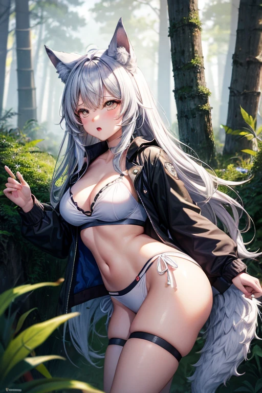 Wolf girl in underwear in the forest