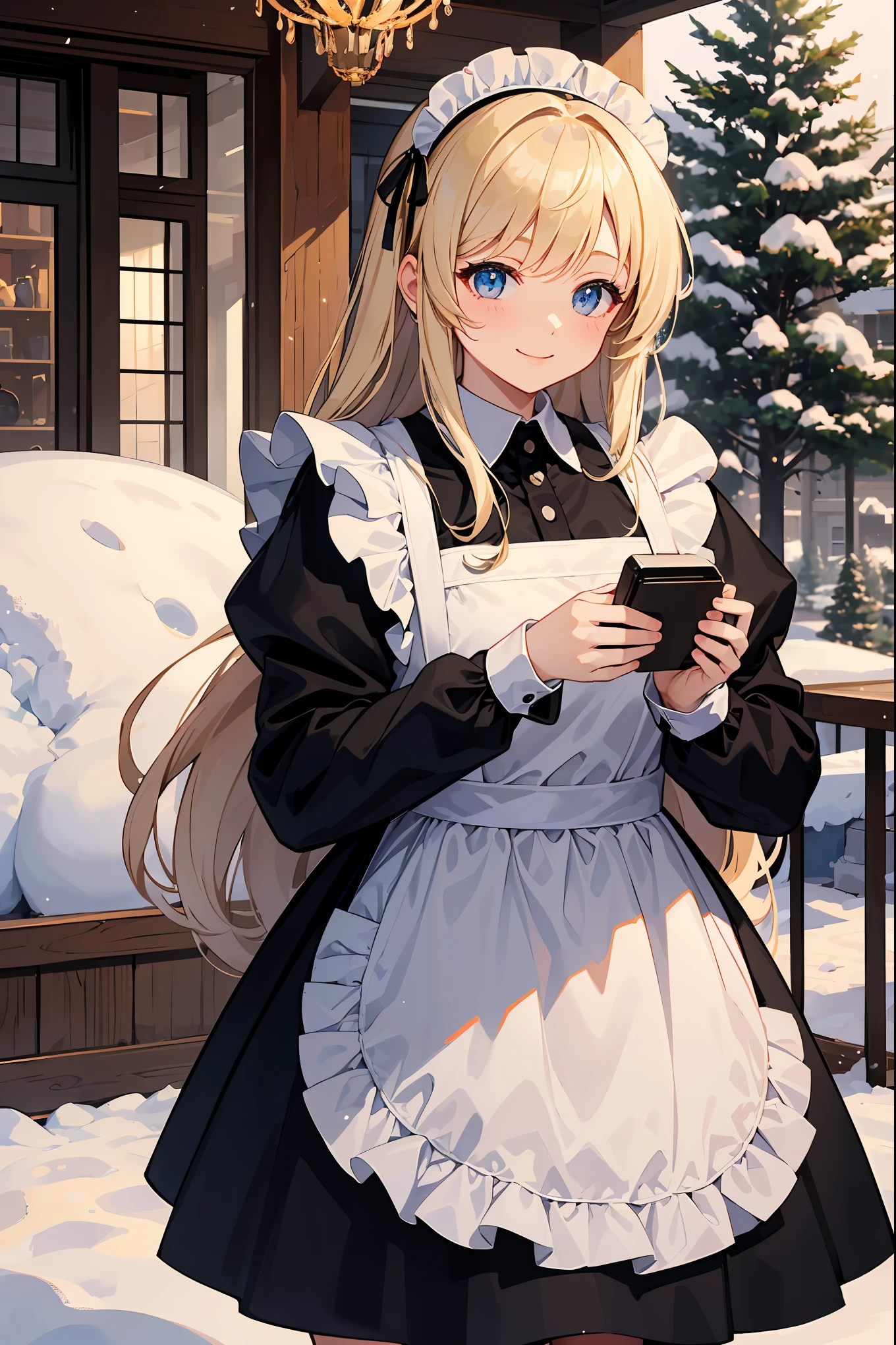 "In this cold weather design, a cute girl in heavy clothing is smiling in the snow. The background is snowy pine trees and old-fashioned houses, creating a warm winter atmosphere."(best quality: 1.2), (solo: 1.3), (1 girl,: 1.3), panic, maid clothes, luxurious palace, chandelier