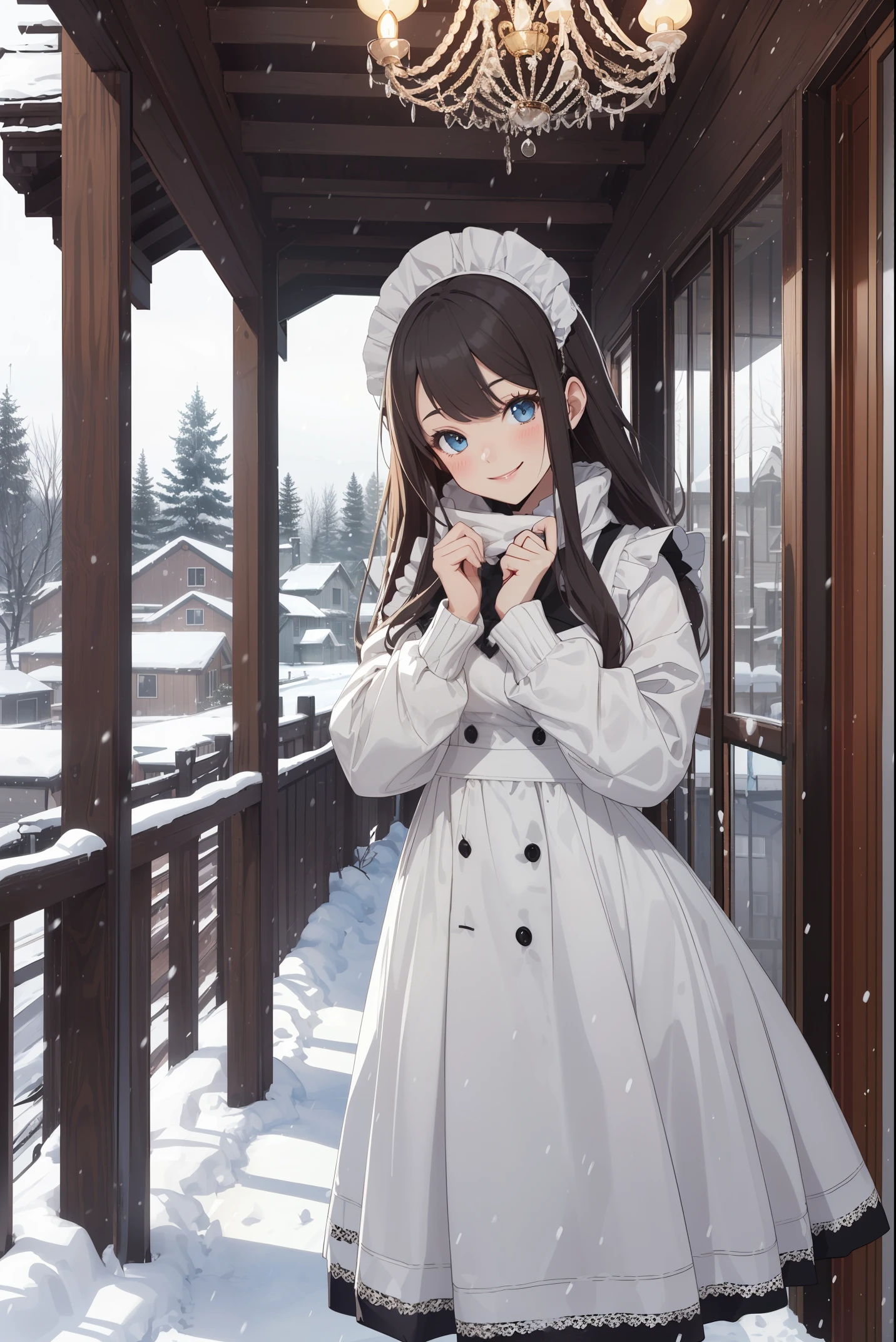 "In this cold weather design, a cute girl in heavy clothing is smiling in the snow. The background is snowy pine trees and old-fashioned houses, creating a warm winter atmosphere."(best quality: 1.2), (solo: 1.3), (1 girl,: 1.3), panic, maid clothes, luxurious palace, chandelier