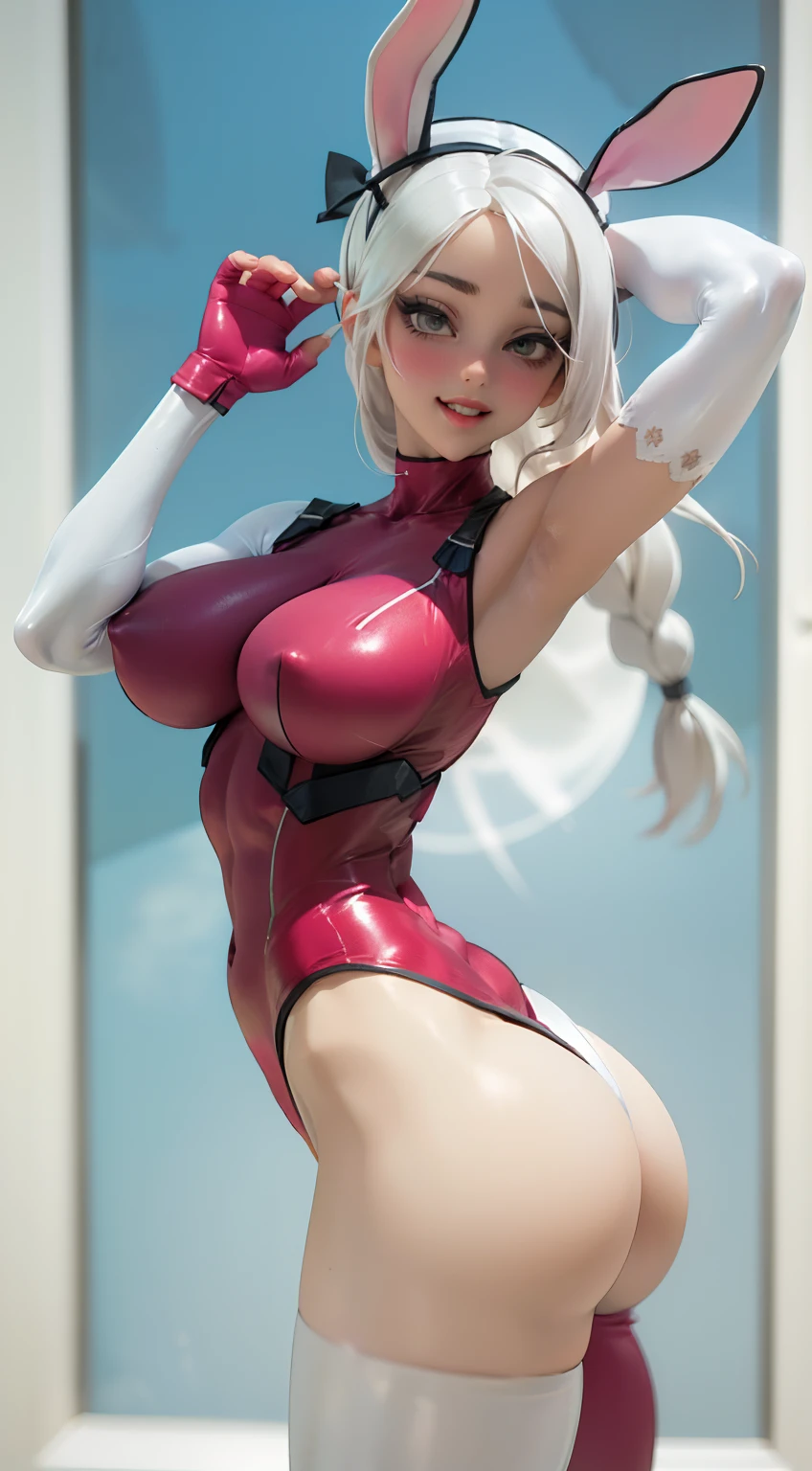 highres, realistic 1girl, (like Tatiana Badiu & sunnyrayyxo), (solo), (Mirko) in cammy_white_(cosplay), rabbit_girl, ((dark_skin)), red_eyes, ((white_hair)), very_long_hair, long_eyelashes, ((large_breasts)), (huge saggy breasts), curvy muscular, sexy body, stunning sexy, underbust, abs, covered_abs, curvy, ((thick_thighs)), thighs, toned, smile, teeth, upper_teeth_only, body paint (white_leotard body paint), ((highleg, highleg_leotard, taut_leotard)), blue_gloves, blue_headwear, beret, hat, chest_strap, (thigh_strap), thigh_holster, holster, camouflage, bodypaint, gloves, ((sleeveless_turtleneck_leotard)), braid, twin_braids, low_twin_braids, ahoge, huge_ahoge, (looking_at_viewer, hands_up, rabbit_pose, armpits), bare_shoulders, ((ass_visible_through_thighs)) (skindentation, rabbit_ears)