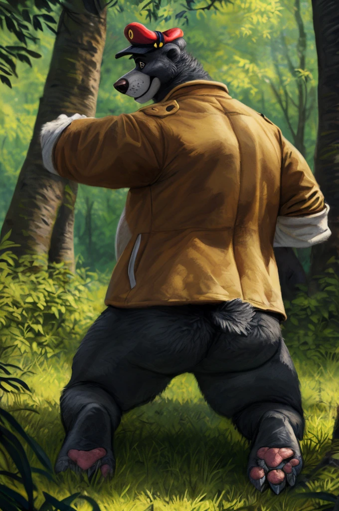 baloo, male, solo, anthro furry bear, chubby, large belly, forest, paws, claws, by personalami, by honovy, black body, {front view|hindquarters, rear view}, {nude, safe|partially clothed, topwear only, yellow topwear, jacket, headgear, hat}
BREAK, by bruteandbrawn, by personalami, by kenket, (intricate, high detail, film photography, soft focus, realistic, photorealistic, analog style, subsurface scattering, best quality, ultra realistic, 8k)