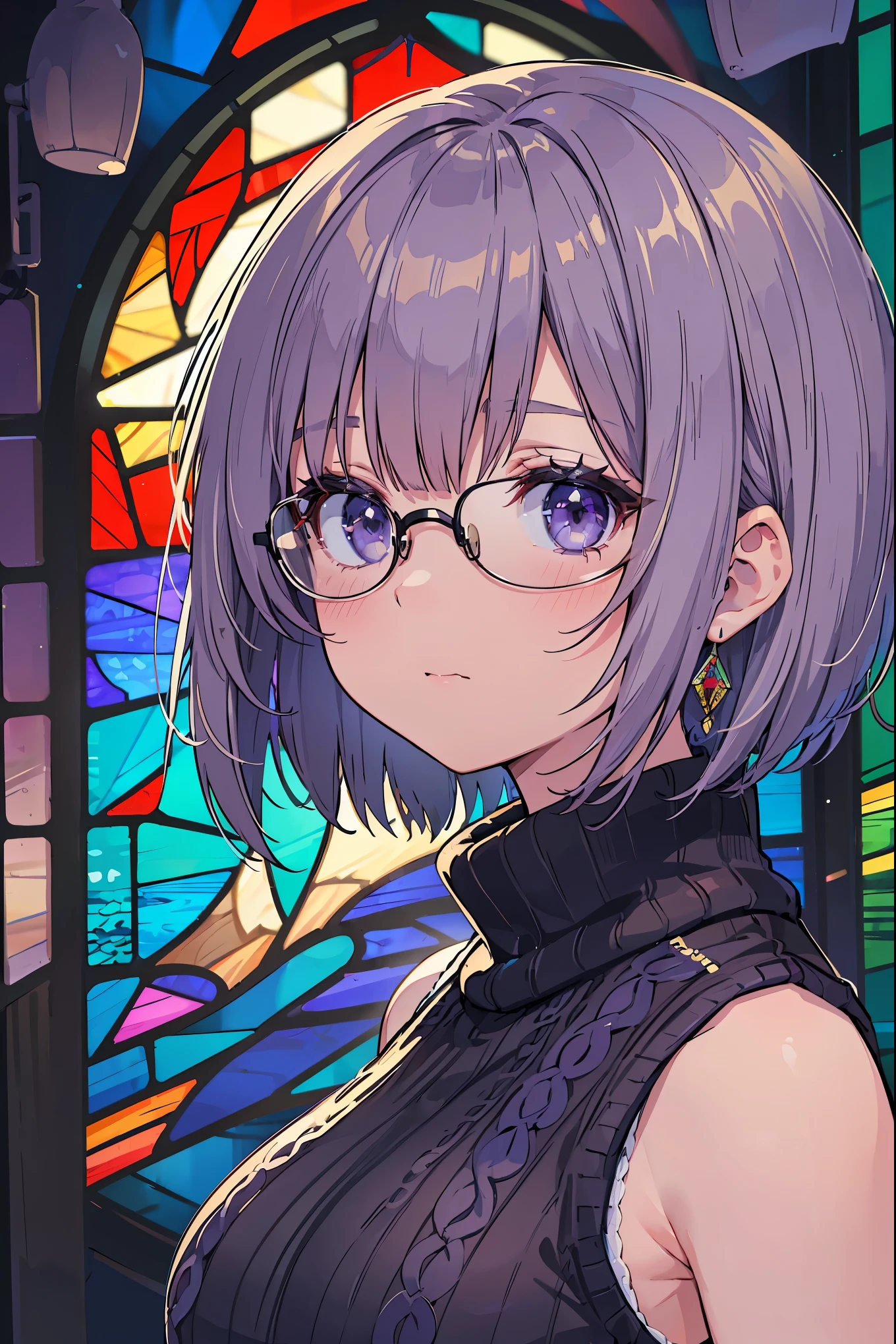 (highest quality, 8K, At 32K, master piece, ticker:1.2), (real, photorealistic:1.1), (perfect ???????:1.2), 1 girl, super cute high school girl, japanese girl, close your mouth, 17 years old, (black-rimmed glasses:1.2), horizontal distance method, close up of face, ((close up of face:1.4)), Depth of the bounds written, fine skin, orange lip, (((facing forward))), look at the viewer, pout, natural eyes, Super detailed, sparkly earrings , shining bronze hair, fluffy hair, (bob cut hair:1.2), in a pitch dark room, (The background a completely blurred stained glass background:1.8), large breasted, Heavy breasts, beautiful detail eyes, ((light purple tight sweater:1.5)), ( sleeveless sweater:1.4), (high neck sweater), strobe lighting, Super emotional and epic movie lighting,