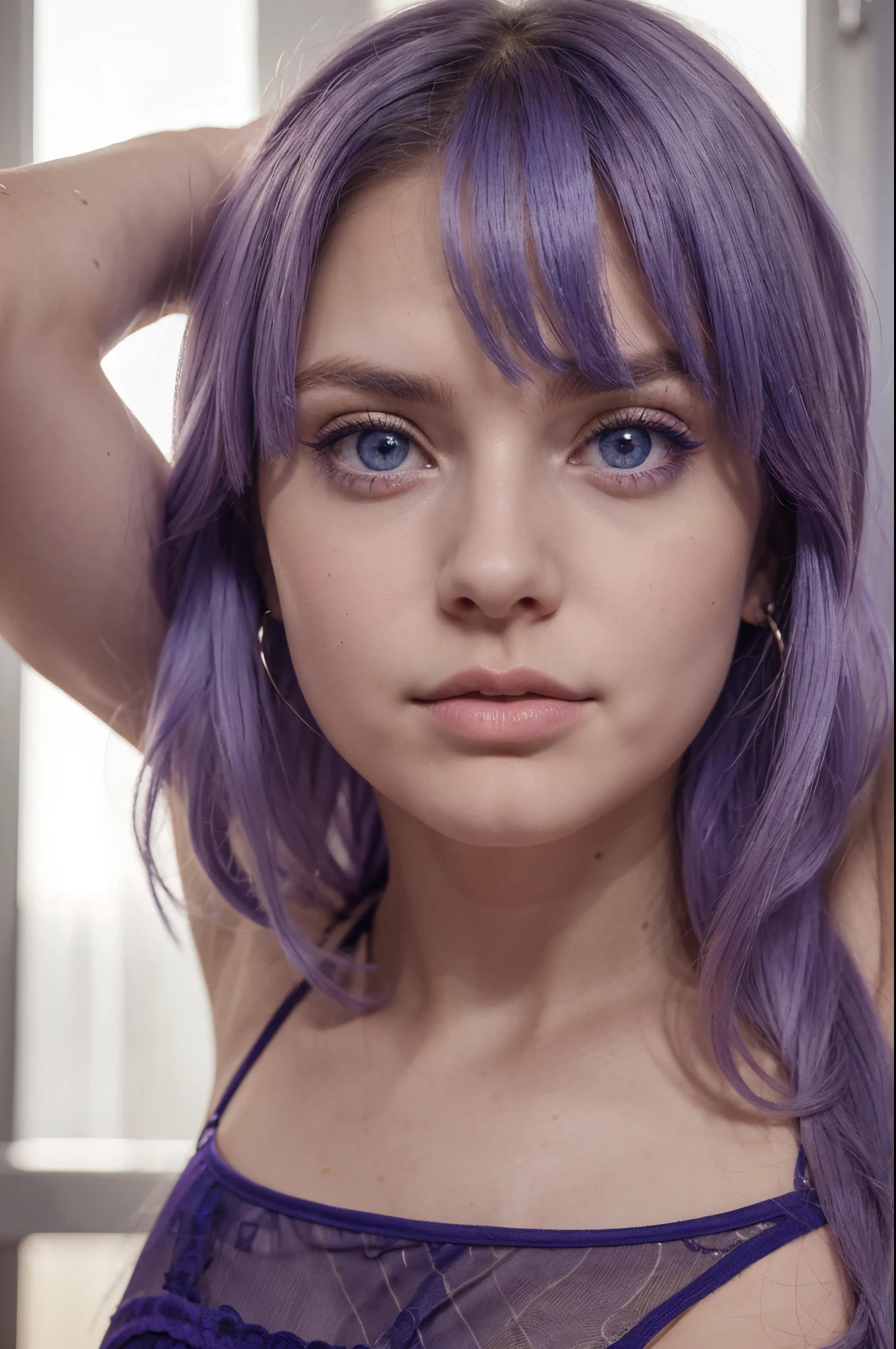 portrait, y/o, very pretty, very pale skin, blue eyes, very short pixie-cut hair style, Purple hair, armpits, Sitting at home, looking at the viewer, busty, round protruding breasts, hide hands, best quality, intricate details, highly detailed, sharp focus, detailed skin, realistic skin texture, texture, detailed eyes, professional, 4k, surprised expression, pushing out chest,