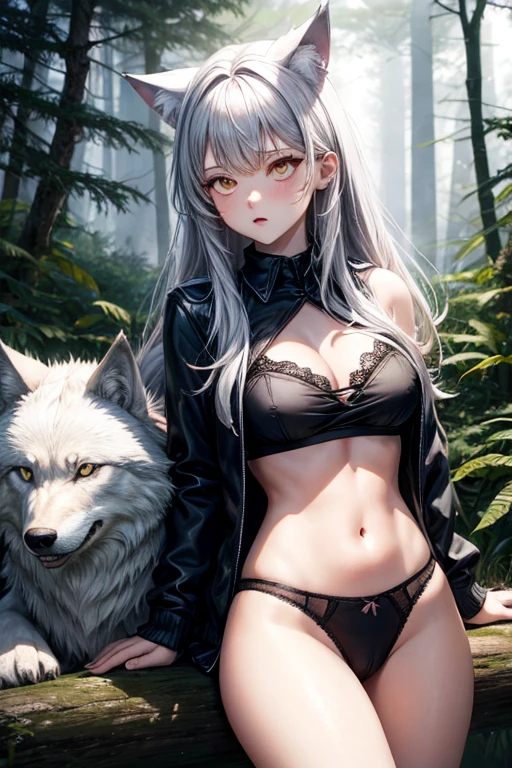 Wolf girl in underwear in the forest