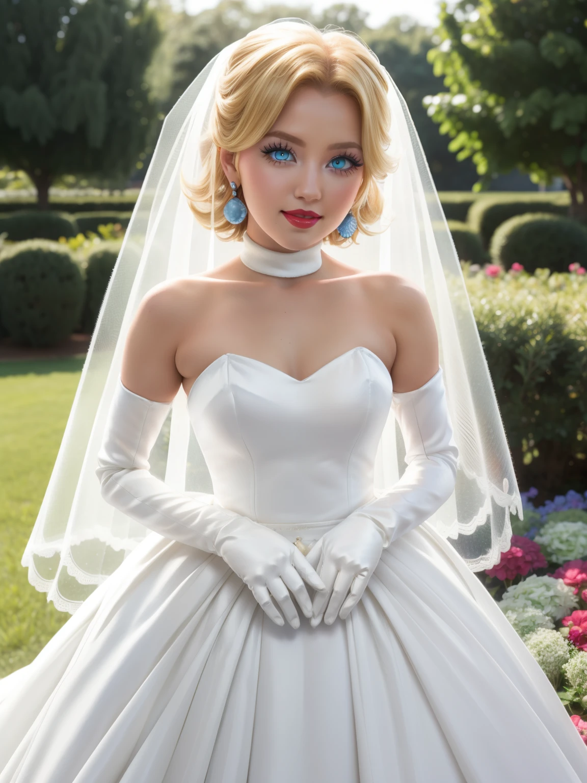 Peach Wedding Dress, blonde hair, blue eyes, satin dress, satin gloves, red lipstick, blue eye shadow, smiling, long white satin elbow gloves ,garden background 