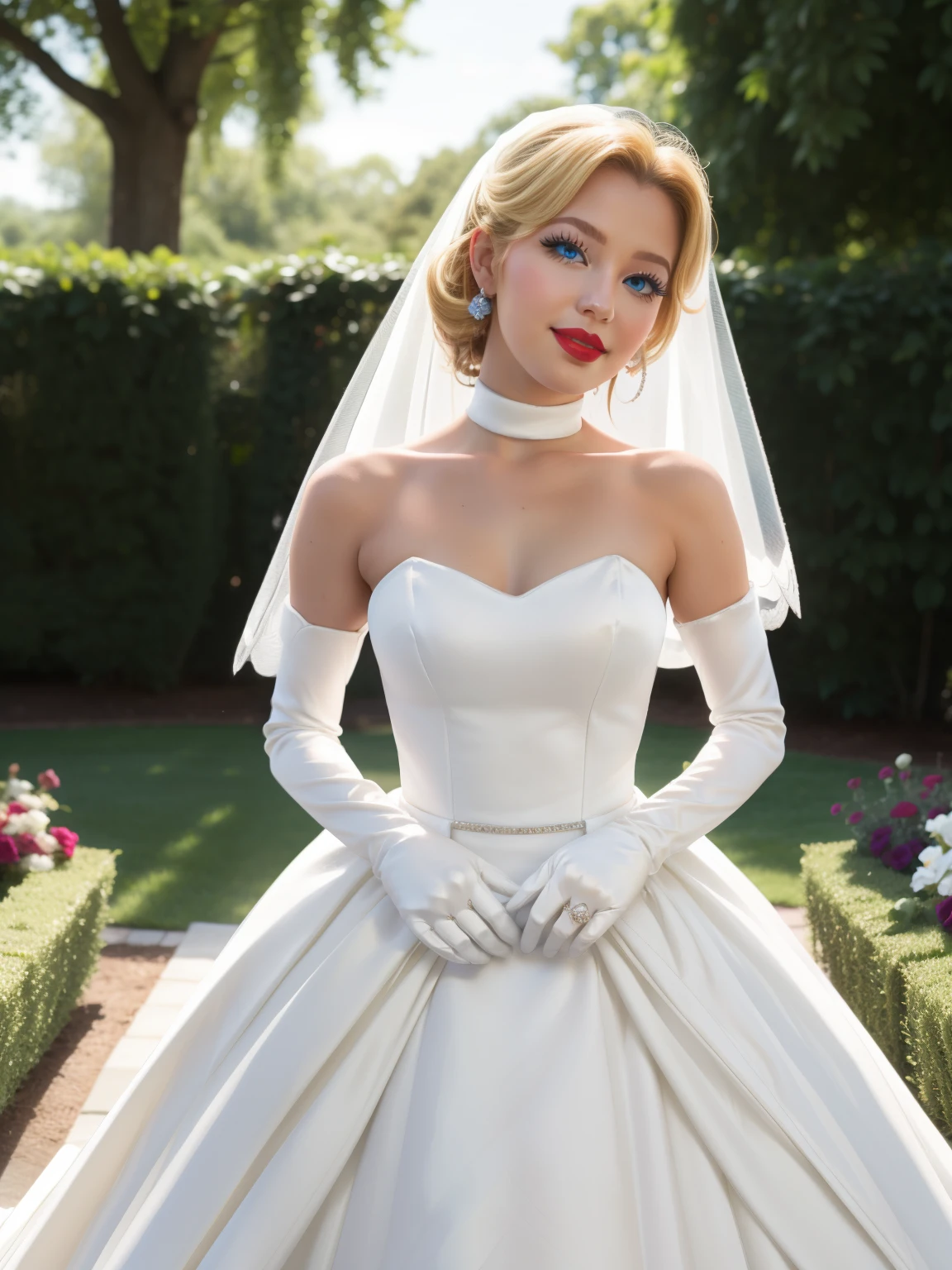 Peach Wedding Dress, blonde hair, blue eyes, satin dress, satin gloves, red lipstick, blue eye shadow, smiling, long white satin elbow gloves ,garden background 