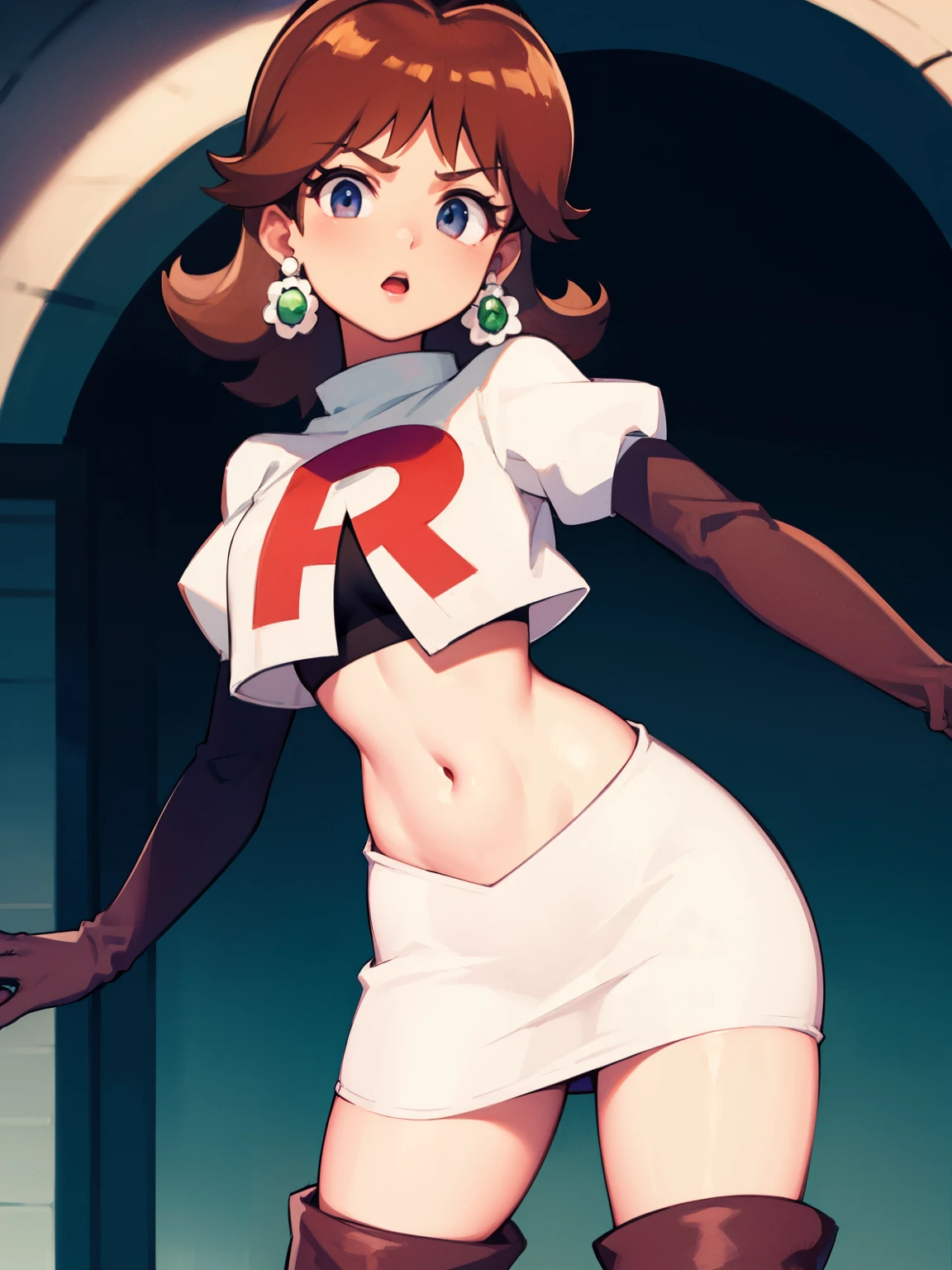 princess_daisy, brown hair ,earrings ,team rocket uniform, red letter R, white skirt,white crop top,black thigh-high boots, black elbow gloves,