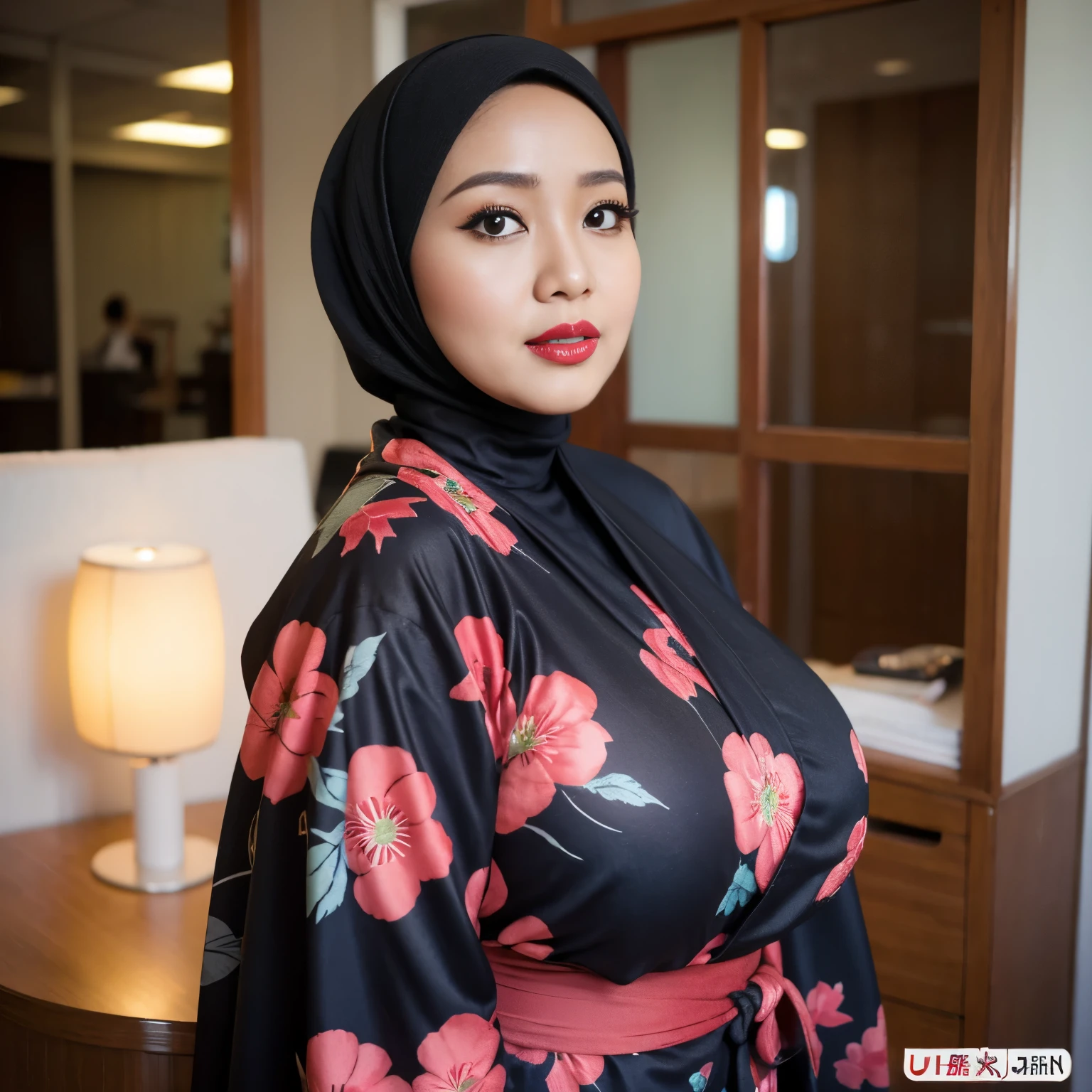 34 years Old, Hijab Indonesian MILF, Sugar Mama,   Black and Red lipstick, Ulta-Gigantic Tits : 158.9, Tight Yukata, Chubby body, at Office, Bright light, at Daytime