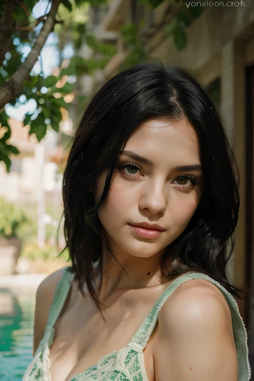 realistic portrait girl black hair green eyes