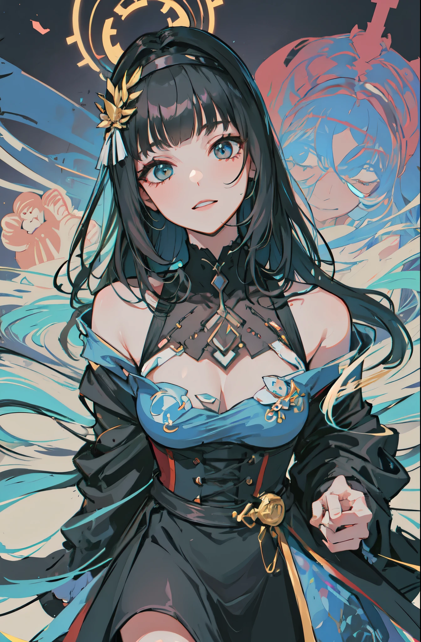 Lineart forte, detalhado, cabelo preto degrade vermelho