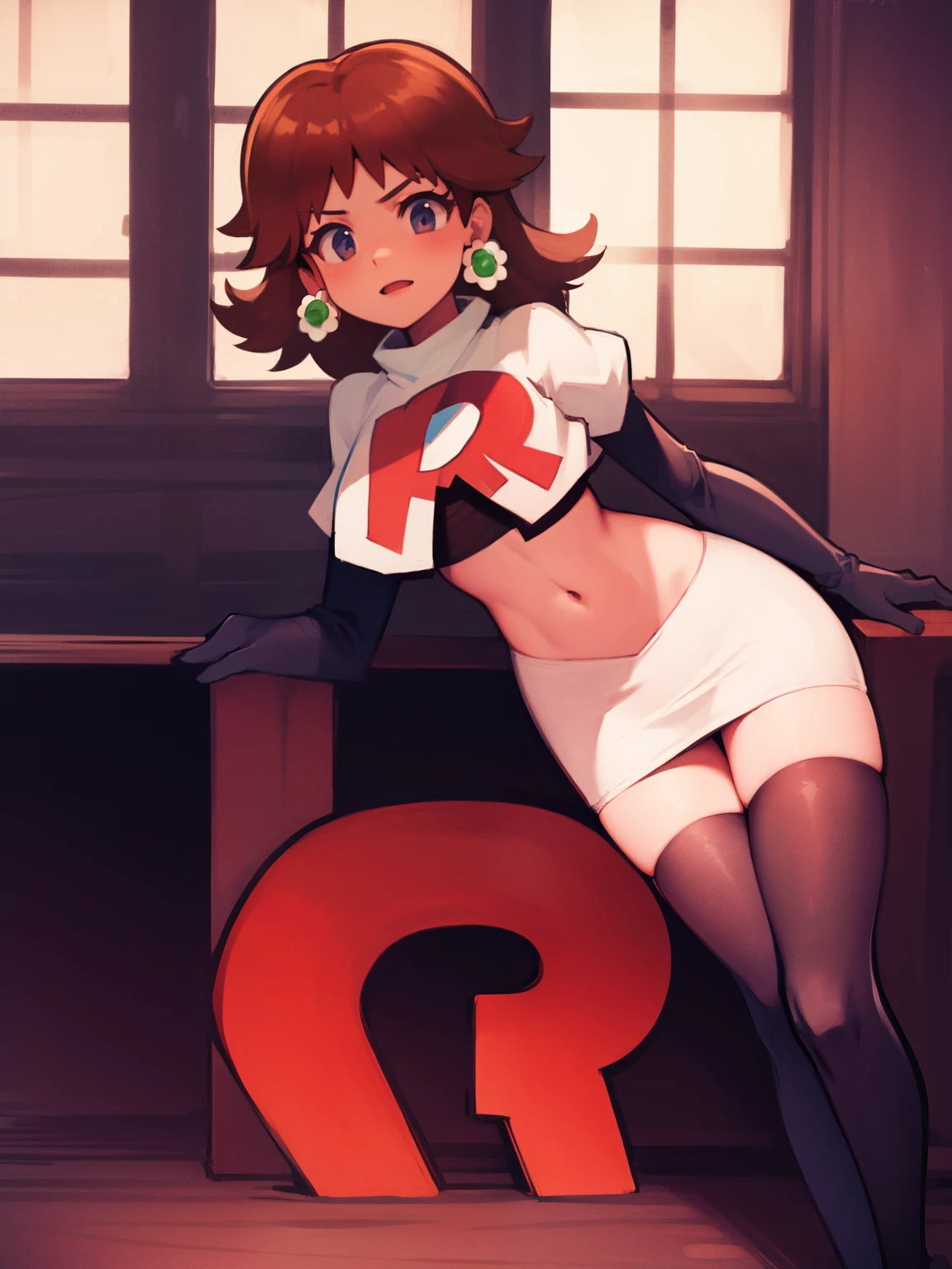 princess_daisy, brown hair ,earrings ,team rocket,team rocket uniform, red letter R, white skirt,white crop top,black thigh-highs,black elbow gloves