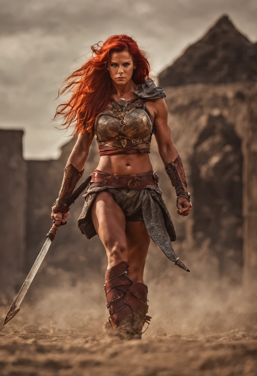 (best quality,high-res),red-haired female gladiator,dark pink nipples,eye contact,arena,holding net and trident,strong and confident stance,well-toned muscles,powerful pose,dusty ground,fierce expression,gritty and intense lighting,gritty and intense style,gritty and intense atmosphere,vibrant colors,attention to skin textures,voluminous hair,cloud of dust,muscle definition,athletic physique,warrior spirit