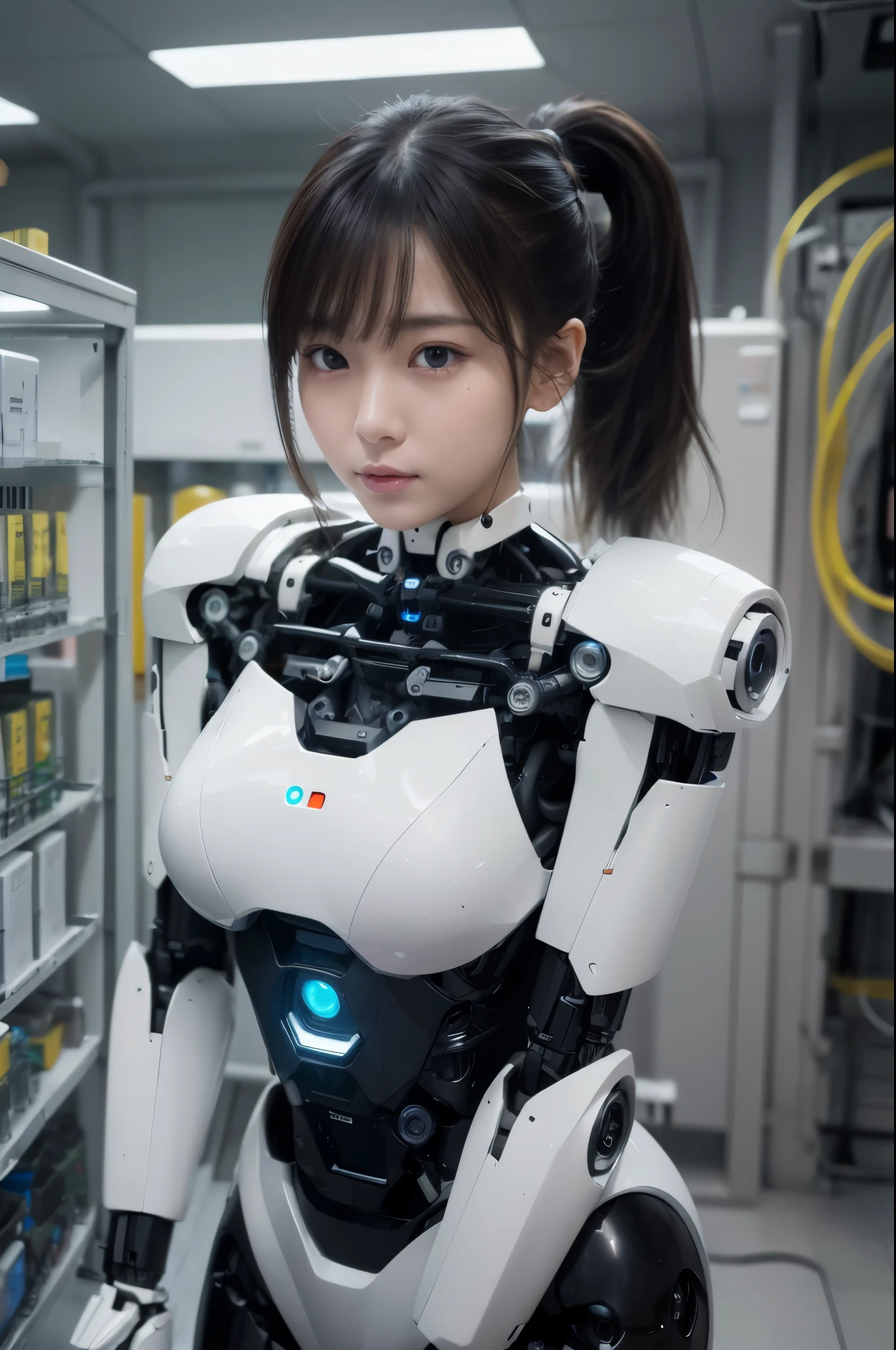 masterpiece, best quality, extremely detailed, (8K, 4K, Best Quality, hight resolution, 超A high resolution:1.1), 8K portrait,1girl in, Japaese android girl,teenager android ,Plump , control panels,android,Droid,Mechanical Hand, Robot arms and legs, Black hair,Mechanical body,Blunt bangs,White Robotics Parts,perfect robot woman,Charging spot,Long Tube,A thick cable was connected to her neck,ceramic body ,android,robot humanoid,a bit chubby,panty,full eyes,perfect mechanical body,white robotics body,future assembly plant,white body,She has repaired,black sponge joints,dark black leggings,android assembly plant,android,laboratory,perfect machine body,white robot body,perfect cyborg girl,low ponytail(low ponytail:1.4)