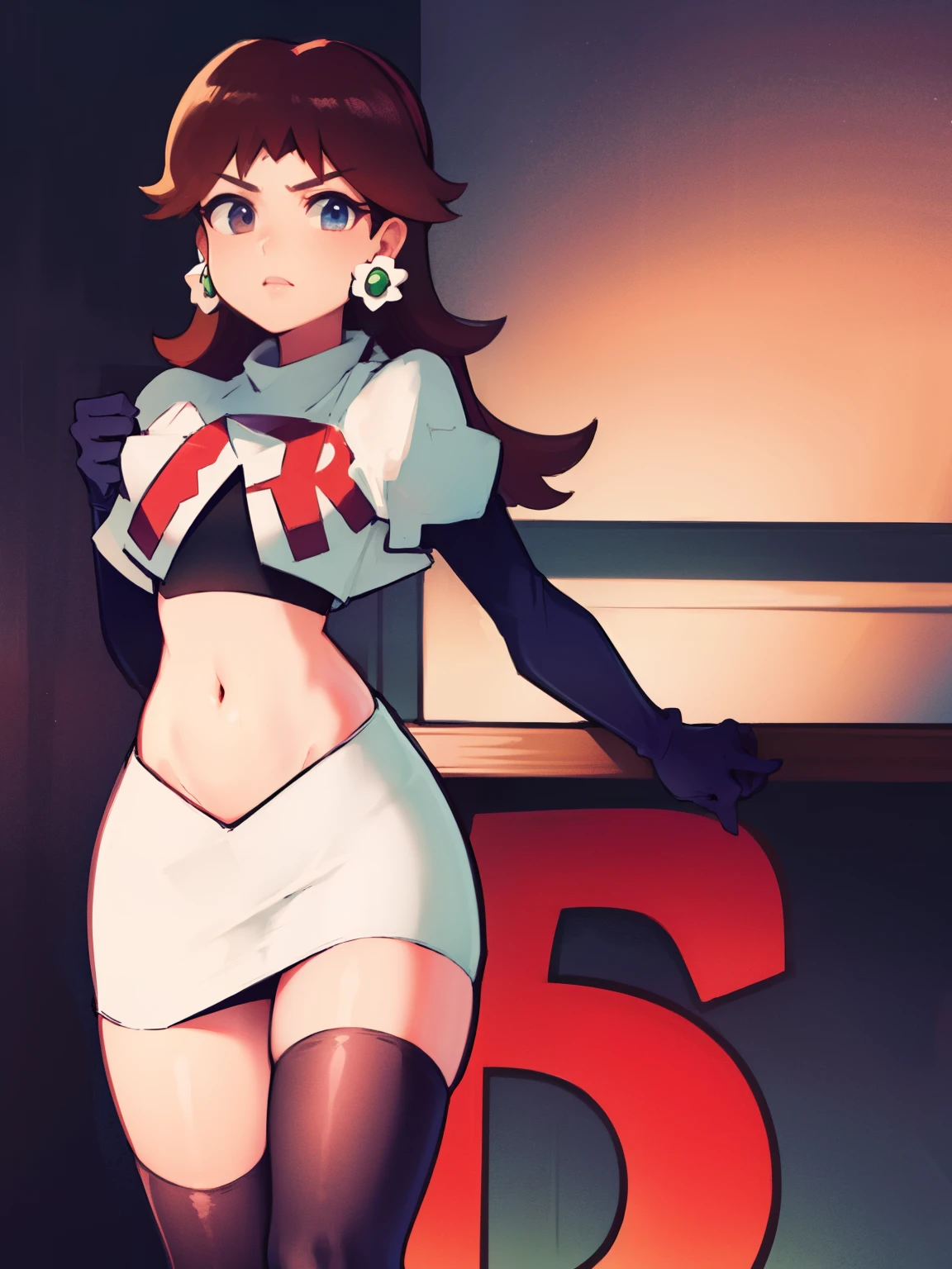 princess_daisy, brown hair ,earrings ,team rocket,team rocket uniform, red letter R, white skirt,white crop top,black thigh-highs,black elbow gloves