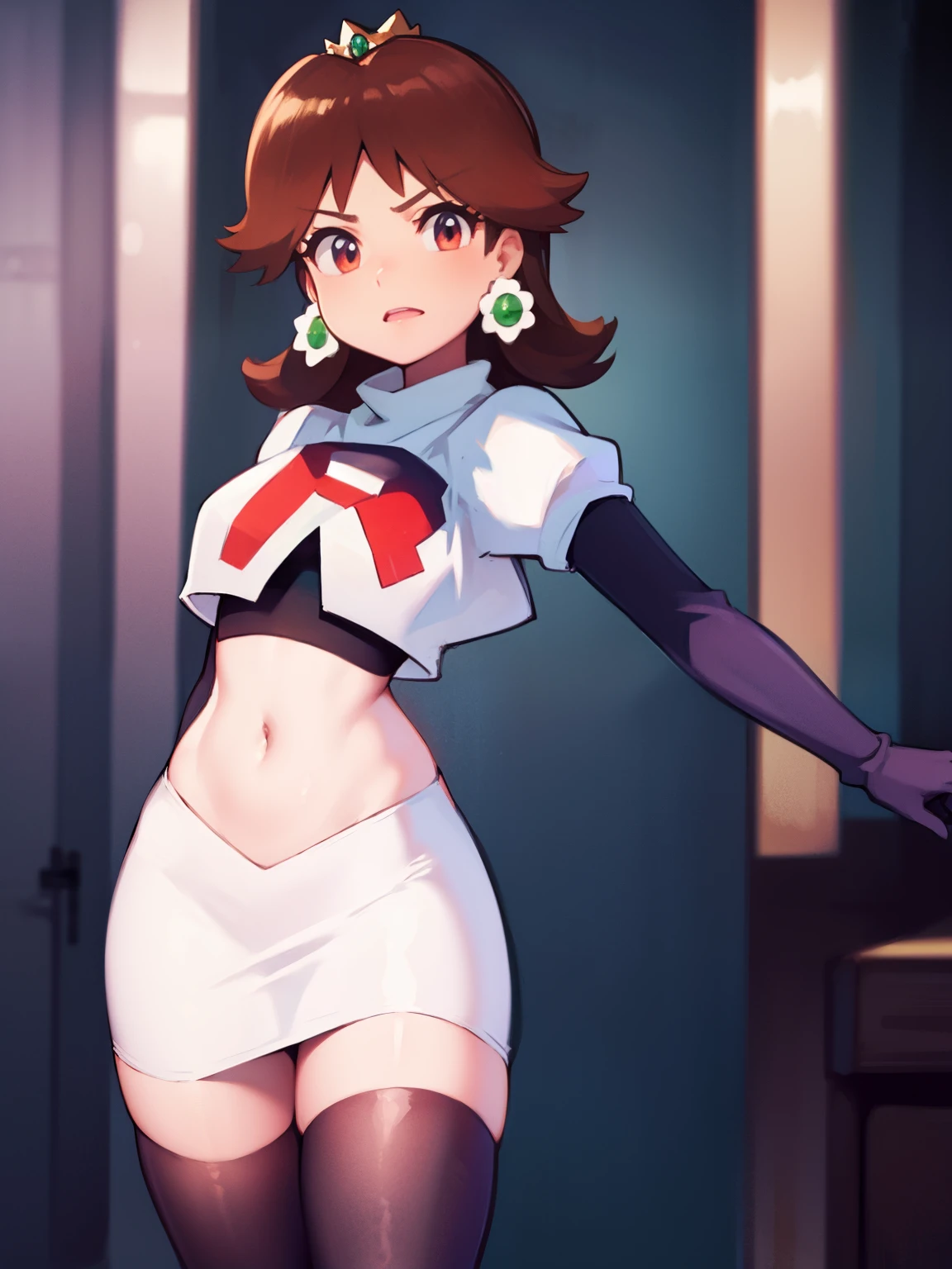 princess_daisy, brown hair ,earrings ,team rocket,team rocket uniform, red letter R, white skirt,white crop top,black thigh-highs,black elbow gloves