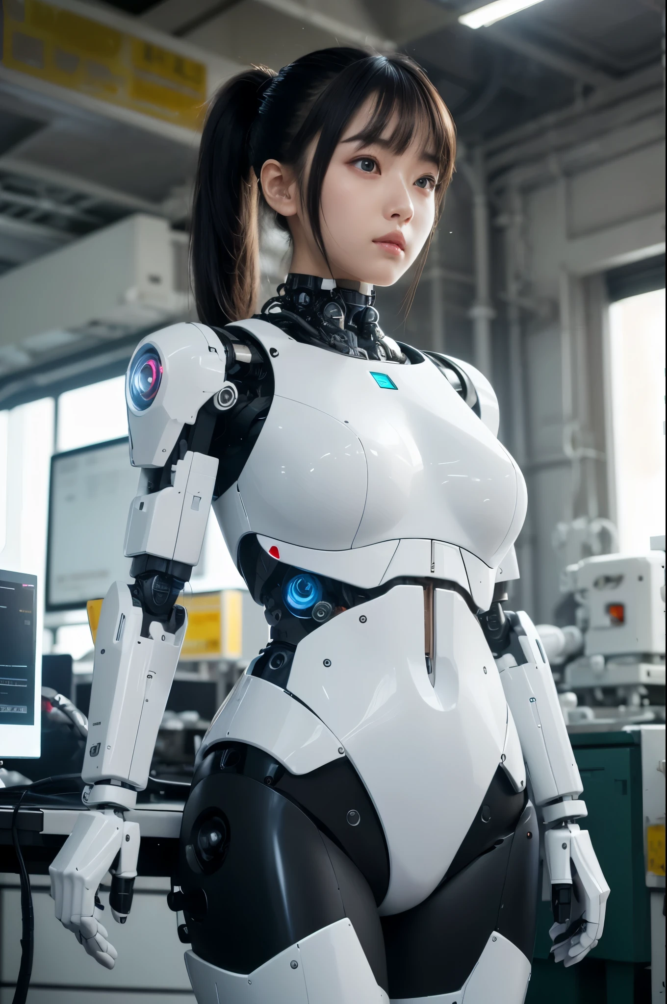 masterpiece, best quality, extremely detailed, (8K, 4K, Best Quality, hight resolution, 超A high resolution:1.1), 8K portrait,1girl in, Japaese android girl,ager android ,Plump , control panels,android,Droid,Mechanical Hand, Robot arms and legs, Black hair,Mechanical body,Blunt bangs,White Robotics Parts,perfect robot woman,Charging spot,Long Tube,A thick cable was connected to her neck,ceramic body ,android,robot humanoid,a bit chubby,panty,full eyes,perfect mechanical body,white robotics body,future assembly plant,white body,She has repaired,black sponge joints,dark black leggings,android assembly plant,android,laboratory,perfect machine body,white robot body,perfect cyborg girl,low ponytail(low ponytail:1.4)