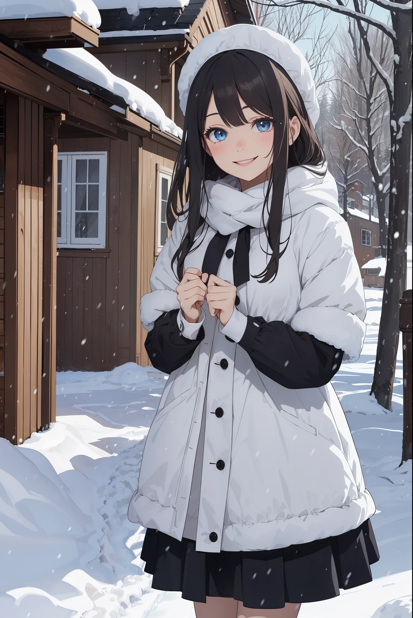 "In this cold weather design, a cute girl in heavy clothing is smiling in the snow. The background is snowy pine trees and old-fashioned houses, creating a warm winter atmosphere."(best quality: 1.2), (solo: 1.3), (1 girl,: 1.3), panic, maid clothes, luxurious palace, chandelier