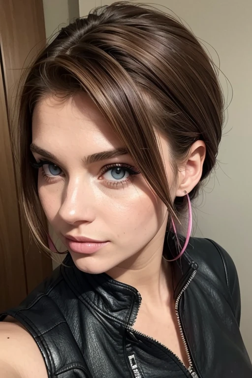 Belle fille, Marron_eyeeautiful mince adolescente de 18 ans, cheveux color [Brown highlights cheveux], [Pixie undercut] cheveux)), boucles d’oreilles, lèvres, Réaliste, taille étroite, charmant, pink lèvrestick, maquillage coloré, Cils longs, boucles d’oreilles, porter de l’eye-liner, peau claire, (mignon), (face détaillée), Yeux détaillés, Iris détaillé, corp magnifique, corps athlétique, abdominaux prononcés sur l&#39, pantalon moulan, veste cuir , sac LV