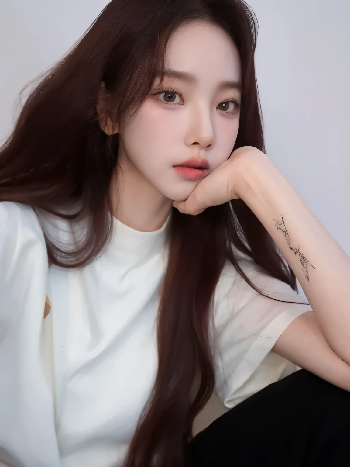 there a woman with long hair sitting on a bed, portrait of jossi de blackpink, retrato de jisoo rosa negro, jisoo de blackpink, Jisoo de Blackpink, jennie rosa negro, pale korean adorable face, jossi de blackpink, female korean idol portrait, ulzzang, fotorrealista!!!!!!! Estilo de Arte, artista coreano, aparcar desde-min, [ foto realista ]!!