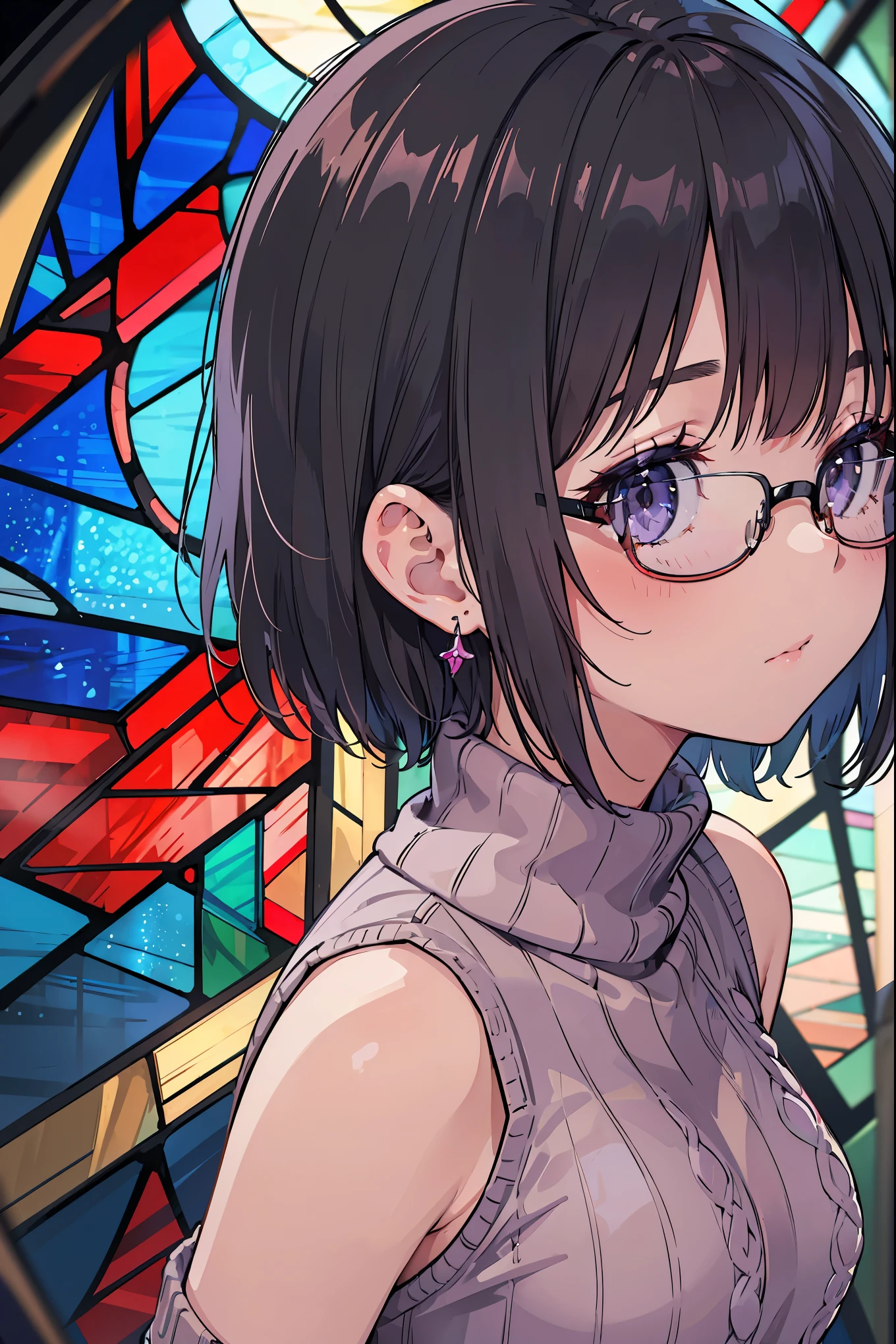 (highest quality, 8K, At 32K, master piece, ticker:1.2), (real, photorealistic:1.1), (perfect anatomy:1.2), 1 girl, super cute high school girl, japanese girl, close your mouth, 17 years old, (black-rimmed glasses:1.2), horizontal distance method, close up of face, ((close up of face:1.4)), Depth of the bounds written, fine skin, orange lip, (((facing forward))), look at the viewer, pout, natural eyes, Super detailed, sparkly earrings , shining bronze hair, fluffy hair, (bob cut hair:1.2), in a pitch dark room, (The background a completely blurred stained glass background:1.8), large breasted, Heavy breasts, beautiful detail eyes, ((light purple tight sweater:1.5)), ( sleeveless sweater:1.4), (high neck sweater), strobe lighting, Super emotional and epic movie lighting,