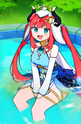 masterpiece、highest quality、disorganized、Nilu (flowerでも霧でもない) (Genshin)、aqua eyes、Nilu (Genshin)、Faux Horn、1girl、solo、redhead、veil、smile、long hair、crop top、jewelry、horn, night, Bracer, brooch, long sleeve, ふわふわしたlong sleeve, look at viewer, skirt, bangs, twin tails, water, fluffy sleeves, null, neck ring, open your mouth, :d, flower, harem outfit, gold trim, 別れたbangs、Arm up、chest、circlet、outdoor、青いskirt、hair ornaments、removed sleeve、ローtwin tails、floating hair、gem、髪のflower、青いgem、masterpiece、high resolution、highest quality、1girl Solo、Ayaka Kamisato、sitting、From above、looking at the camera、軽いsmile、water遊び、wet hair、night、Poolside、Japanese hot springs、woman stinks、fart、shyness、blush