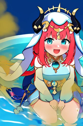 masterpiece、highest quality、disorganized、Nilu (flowerでも霧でもない) (Genshin)、aqua eyes、Nilu (Genshin)、Faux Horn、1girl、solo、redhead、veil、smile、long hair、crop top、jewelry、horn, night, Bracer, brooch, long sleeve, ふわふわしたlong sleeve, look at viewer, skirt, bangs, twin tails, water, fluffy sleeves, null, neck ring, open your mouth, :d, flower, harem outfit, gold trim, 別れたbangs、Arm up、chest、circlet、outdoor、青いskirt、hair ornaments、removed sleeve、ローtwin tails、floating hair、gem、髪のflower、青いgem、masterpiece、high resolution、highest quality、1girl Solo、Ayaka Kamisato、sitting、From above、looking at the camera、軽いsmile、water遊び、wet hair、night、Poolside、Japanese hot springs、woman stinks、fart、shyness、blush