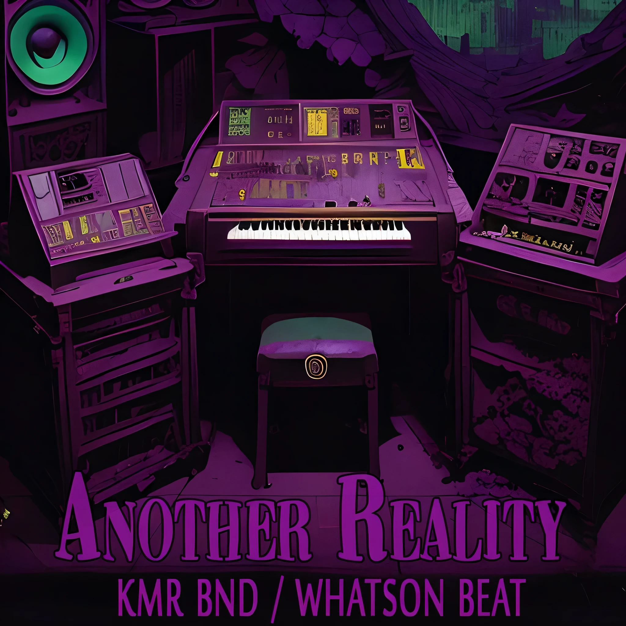 purple poster with keyboard and speakers in the room, broken reality, reality bending, Ultra realist, reality, kda, 8КХДР, fantastic reality, Promo art, ( ( ( synthwave ) ) ), (synthwave), Очень детализированная cover art, horror reality, Summary information, sketchbook'cover art, beast, mind - bending reality, Official registration, unreality