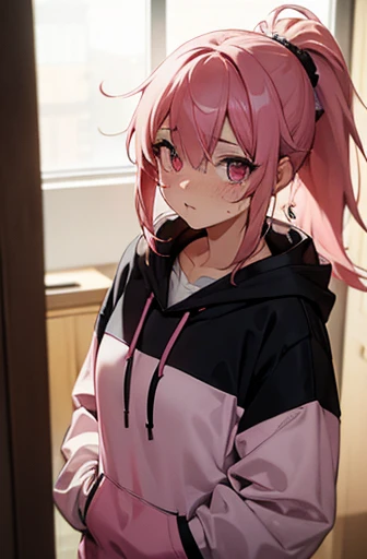 hoodie, ponytail, pink hair, pink eyes, freckles, wet, pussy, bedroom