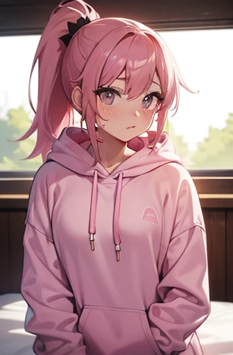 hoodie, ponytail, pink hair, pink eyes, freckles, wet, pussy, bedroom